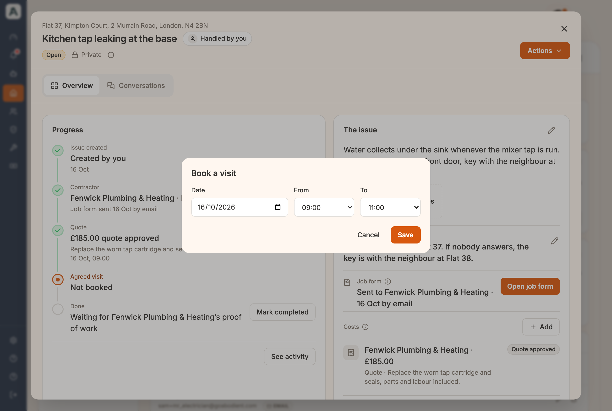 The Book a visit window with Fri 16 Oct, From 09:00 and To 11:00 chosen, over the Progress card where the quote is approved