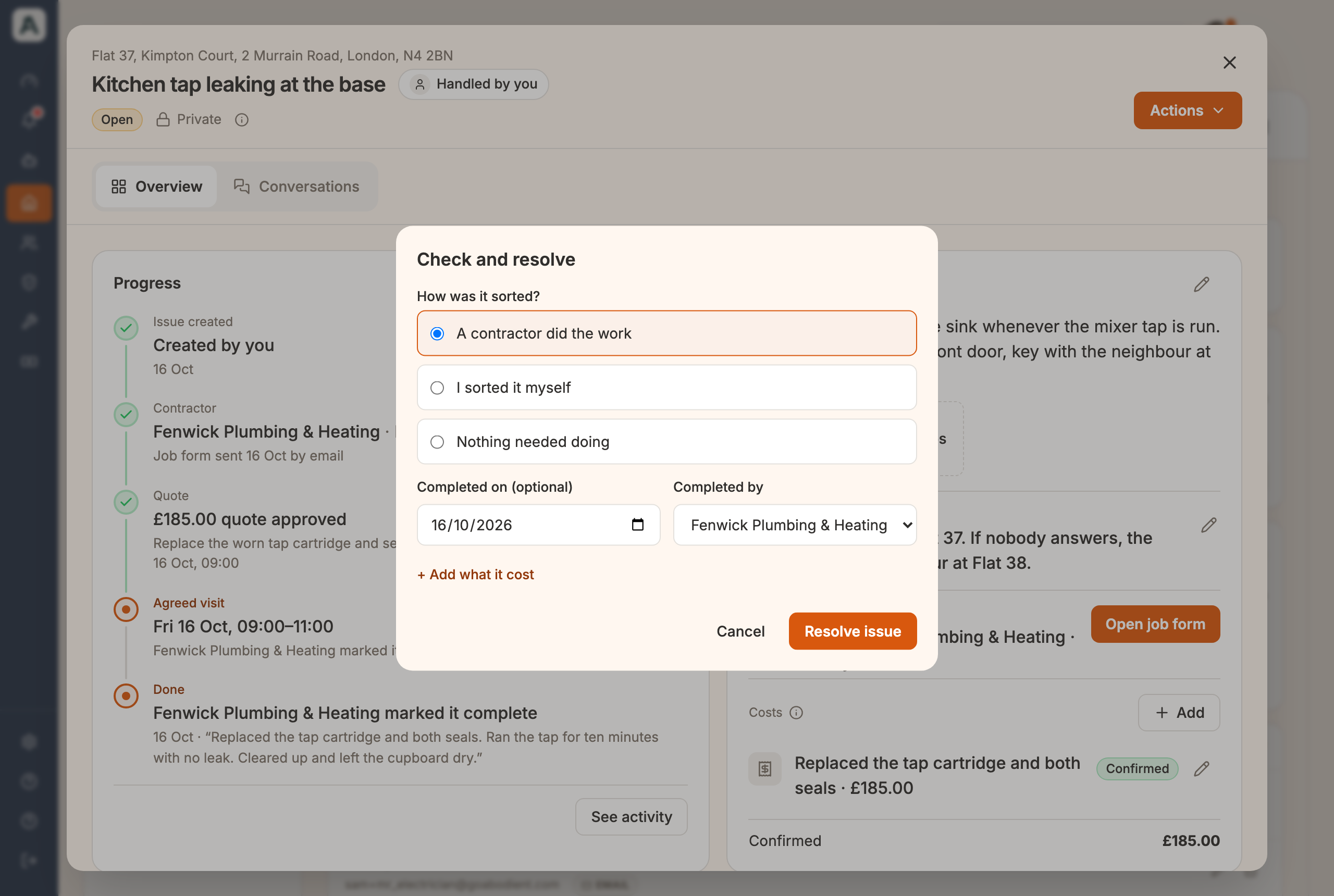 The Check and resolve window asking how it was sorted, with A contractor did the work chosen, the date, Fenwick Plumbing and Heating, and the Resolve issue button