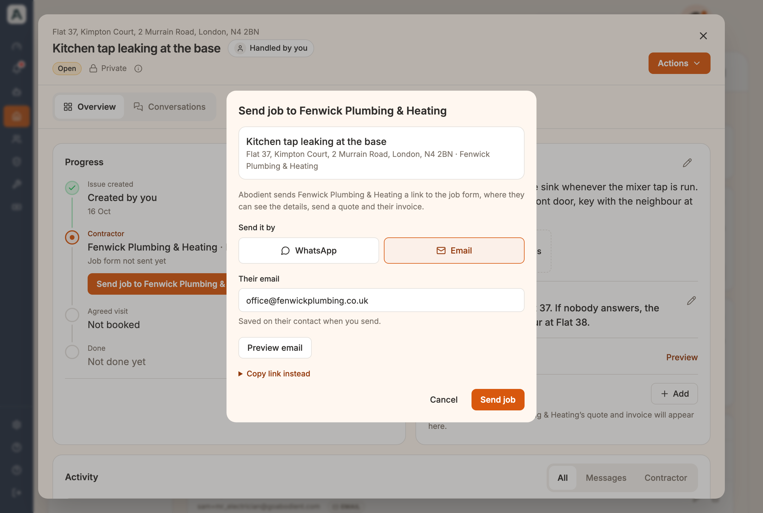 The Send job to window with Email chosen, the contractor's address filled in, and the Preview email and Send job buttons