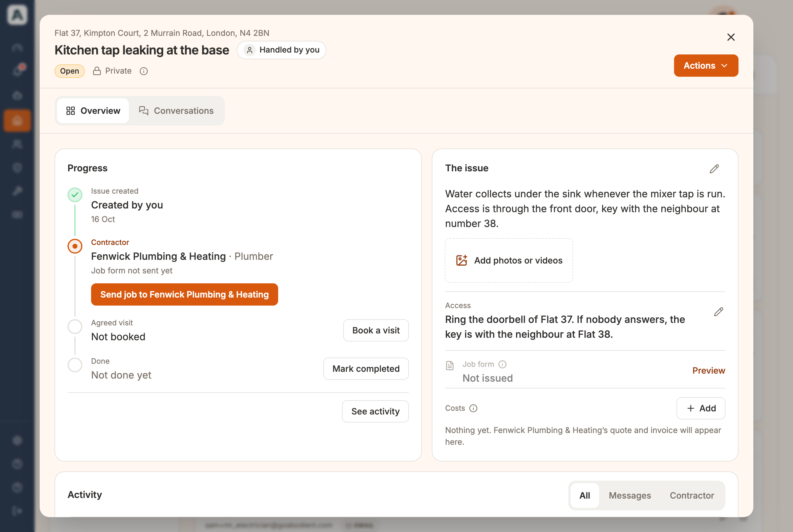 The Progress card with Fenwick Plumbing and Heating chosen, Job form not sent yet, and the orange Send job to button