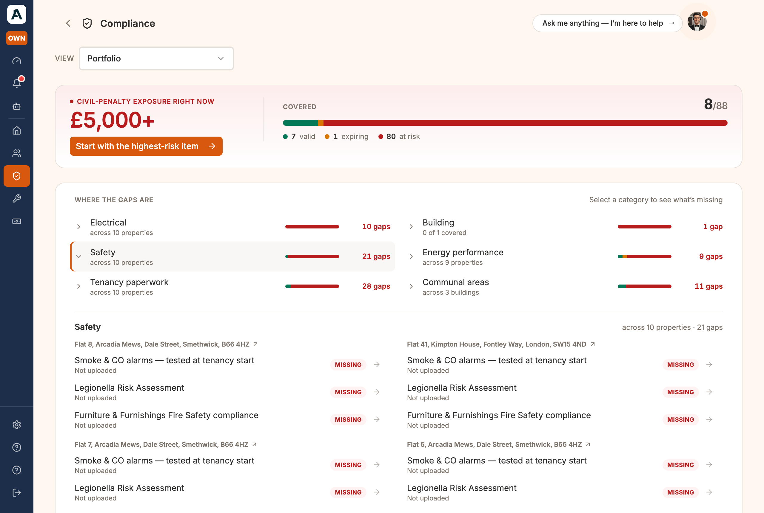 The Safety category opened, each duty listed per property with its status chip
