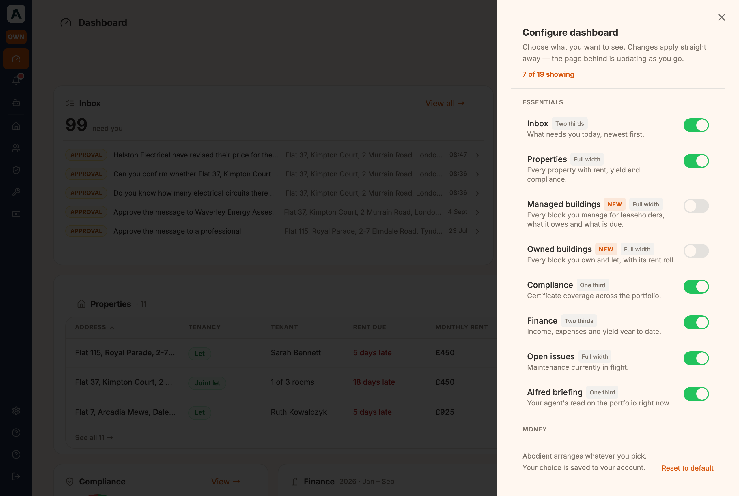 Configure dashboard: a switch for each card, changes applied straight away