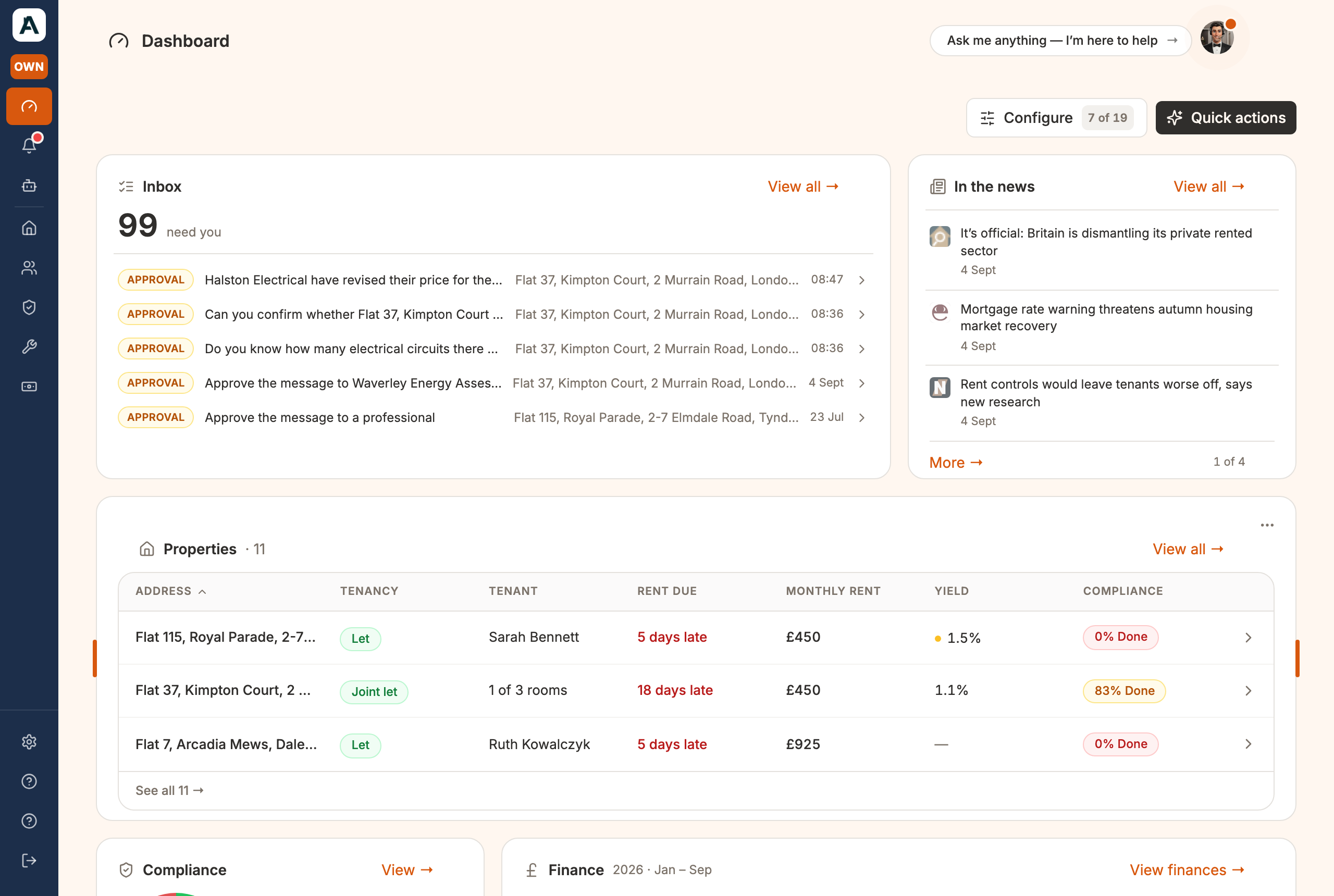 The dashboard: your inbox leading, with your property list below