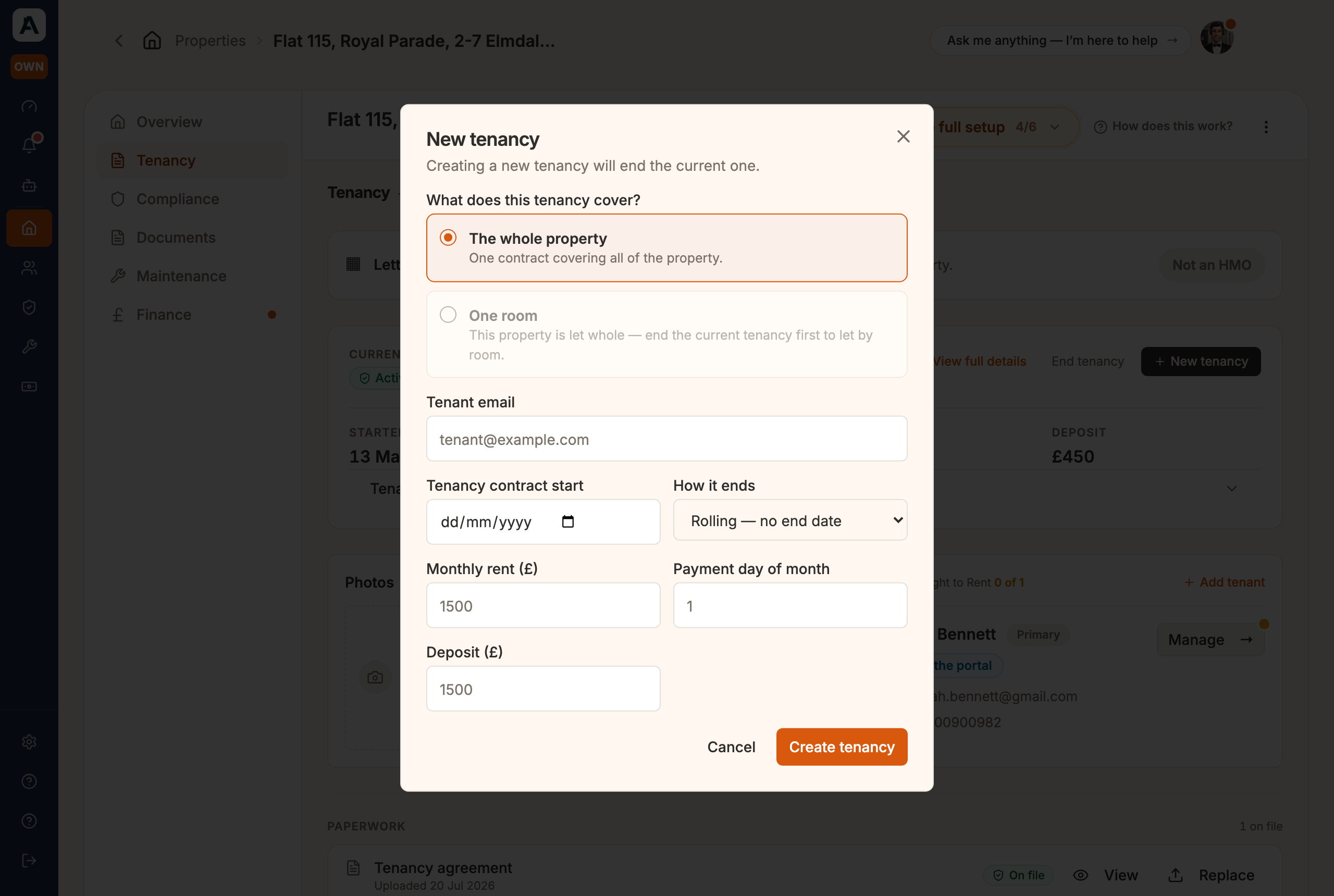 The New tenancy form: what it covers, the tenant email, start, how it ends, rent and deposit