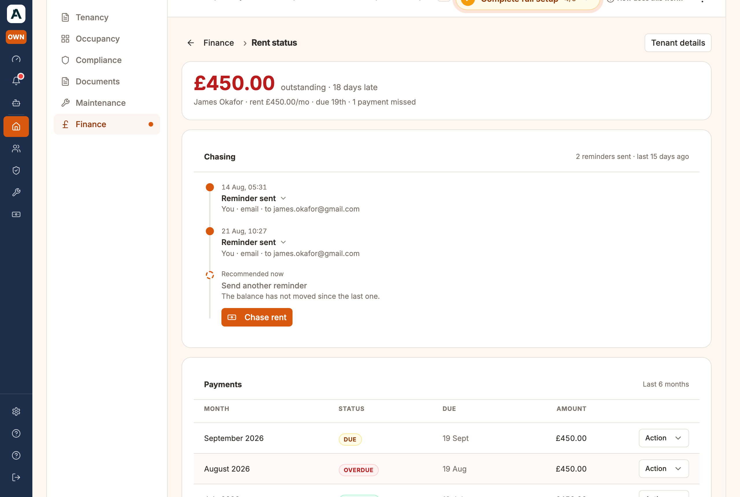 The Payments table: each month received, due or overdue, with the control to mark one received