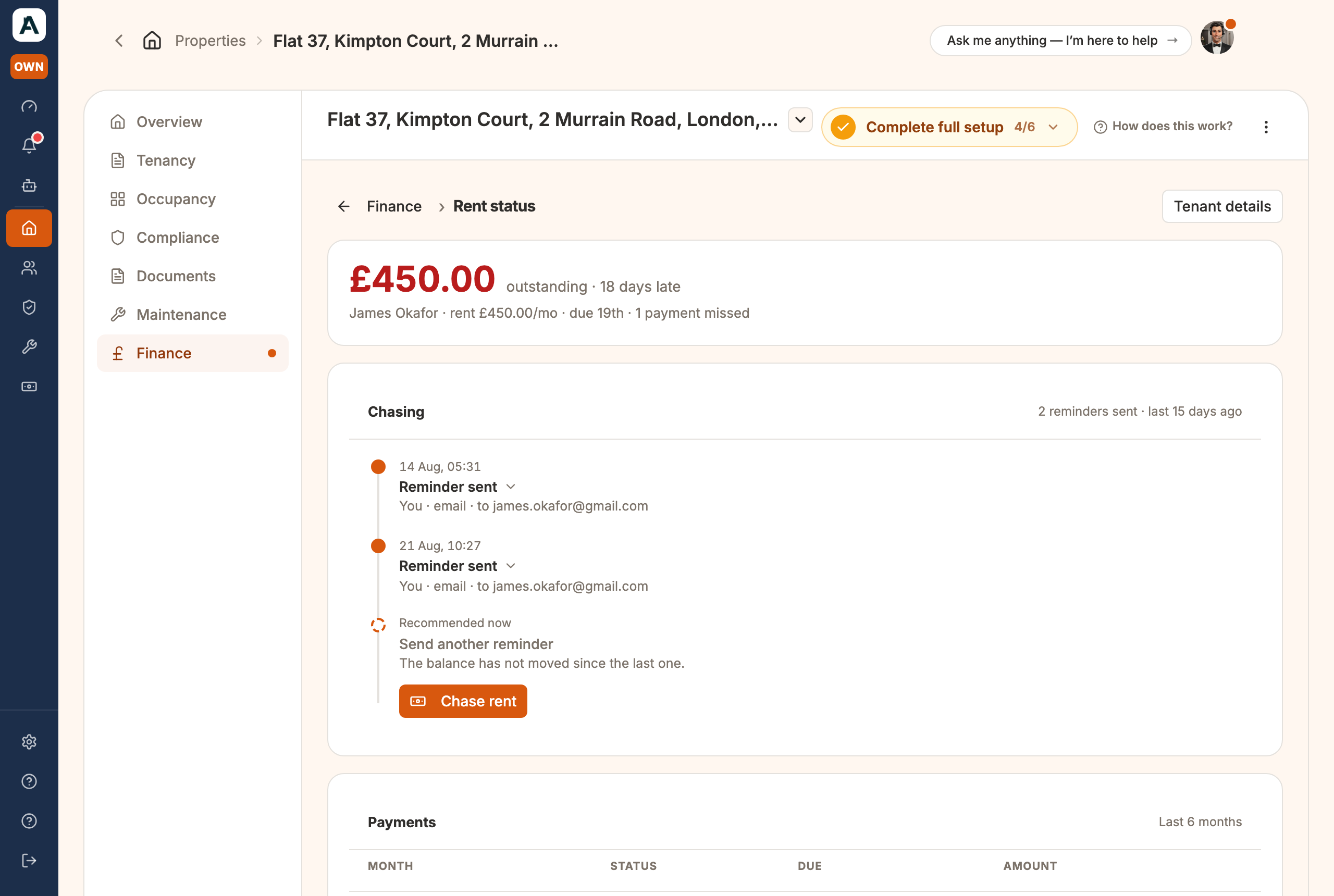 A property's Rent status: what is outstanding, the chasing history, and the Chase rent button