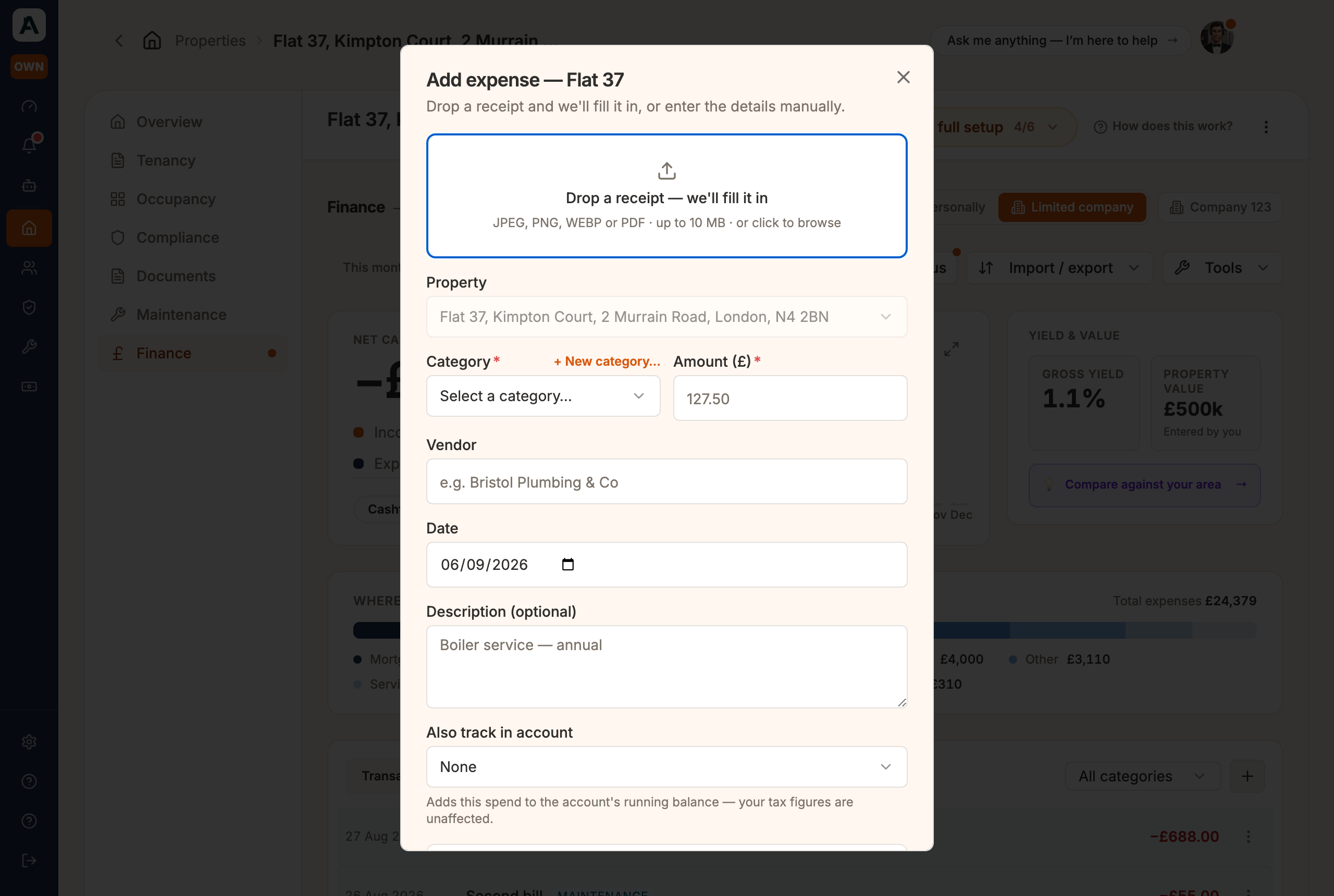 The Add expense dialog: drop a receipt or type the details — amount, category, vendor, date