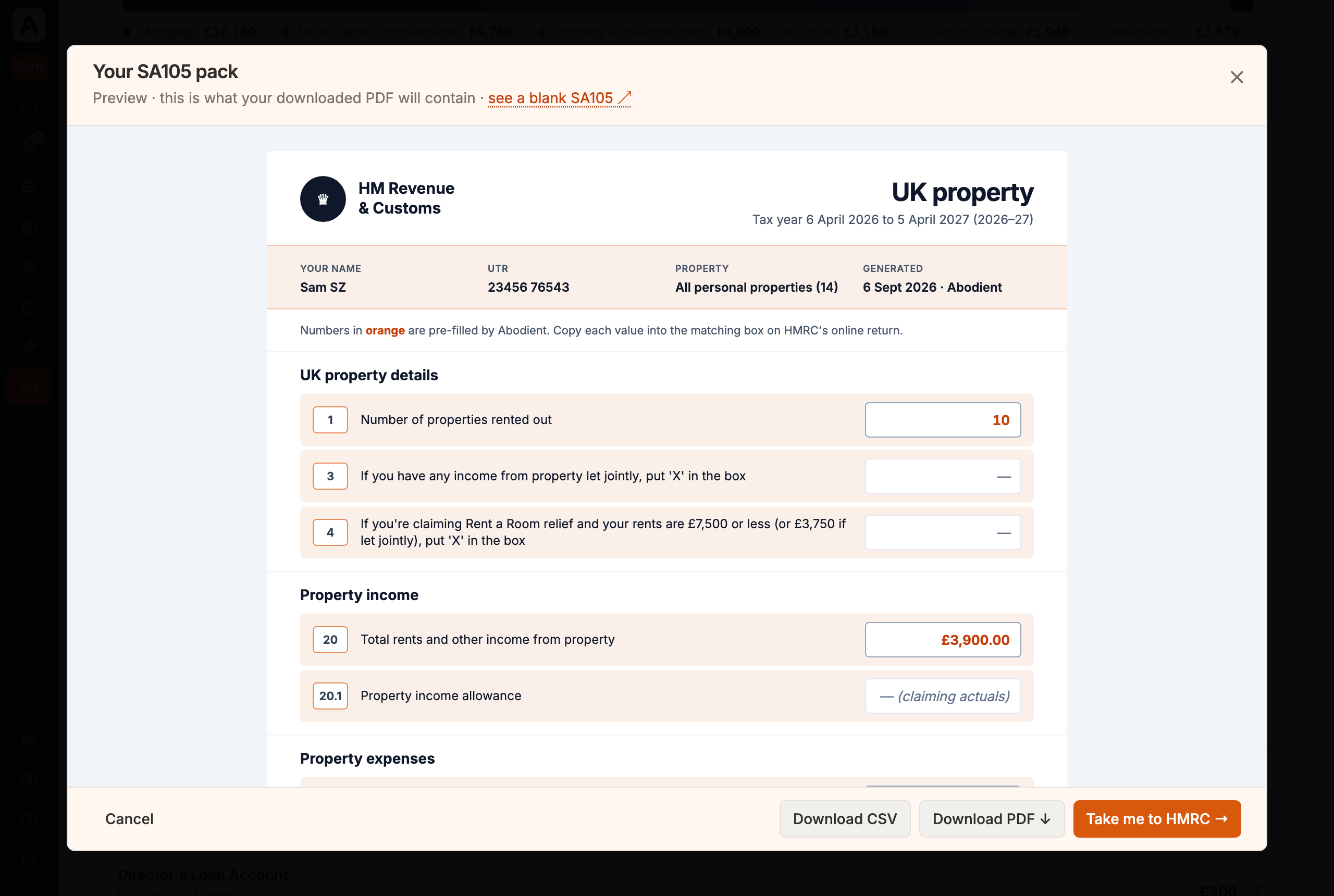 Your SA105 pack: the HMRC UK-property boxes, pre-filled from your figures