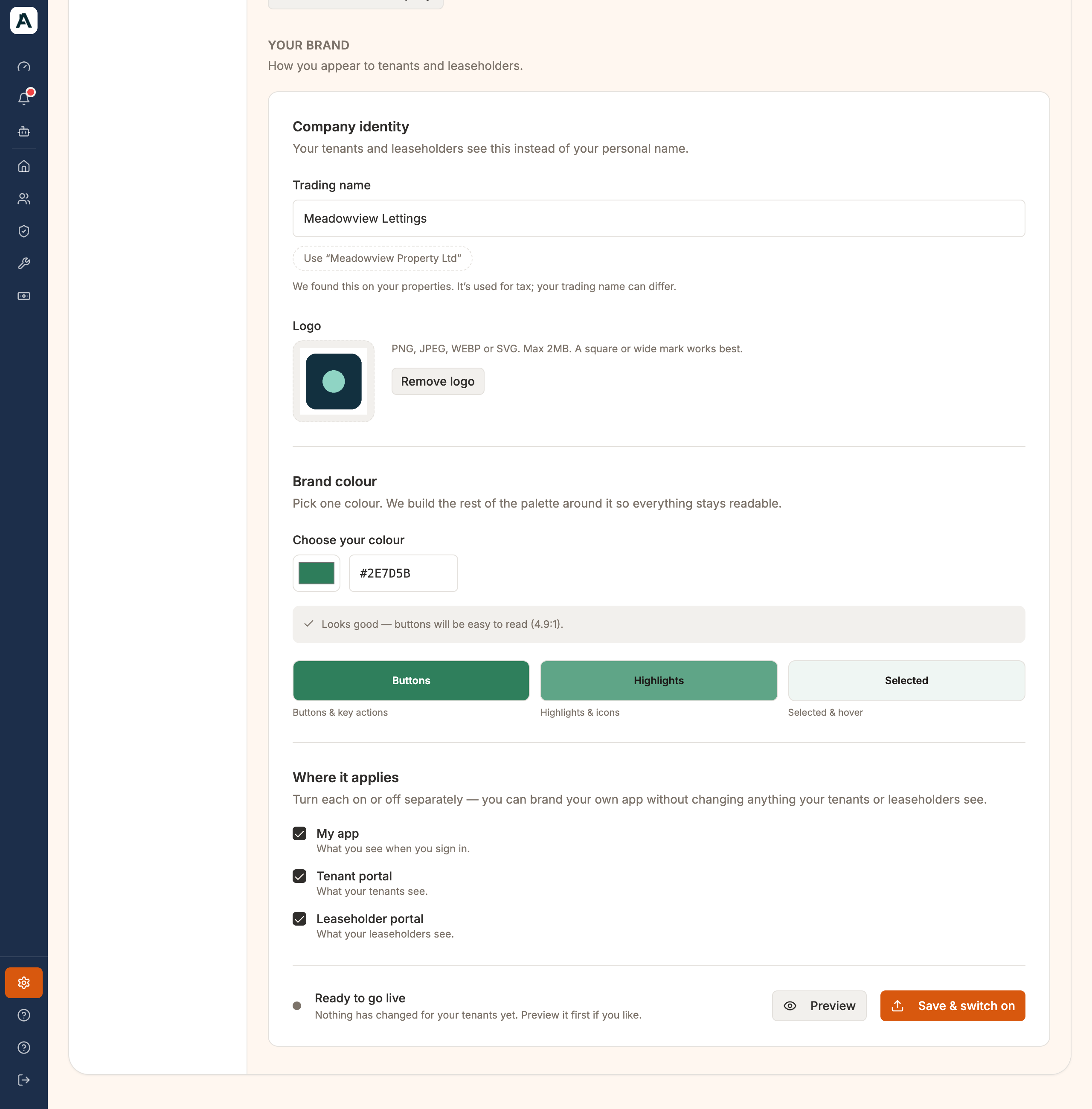 The Your brand section of the Company tab: brand colour, Where it applies with its three tick boxes, Preview and Save & switch on