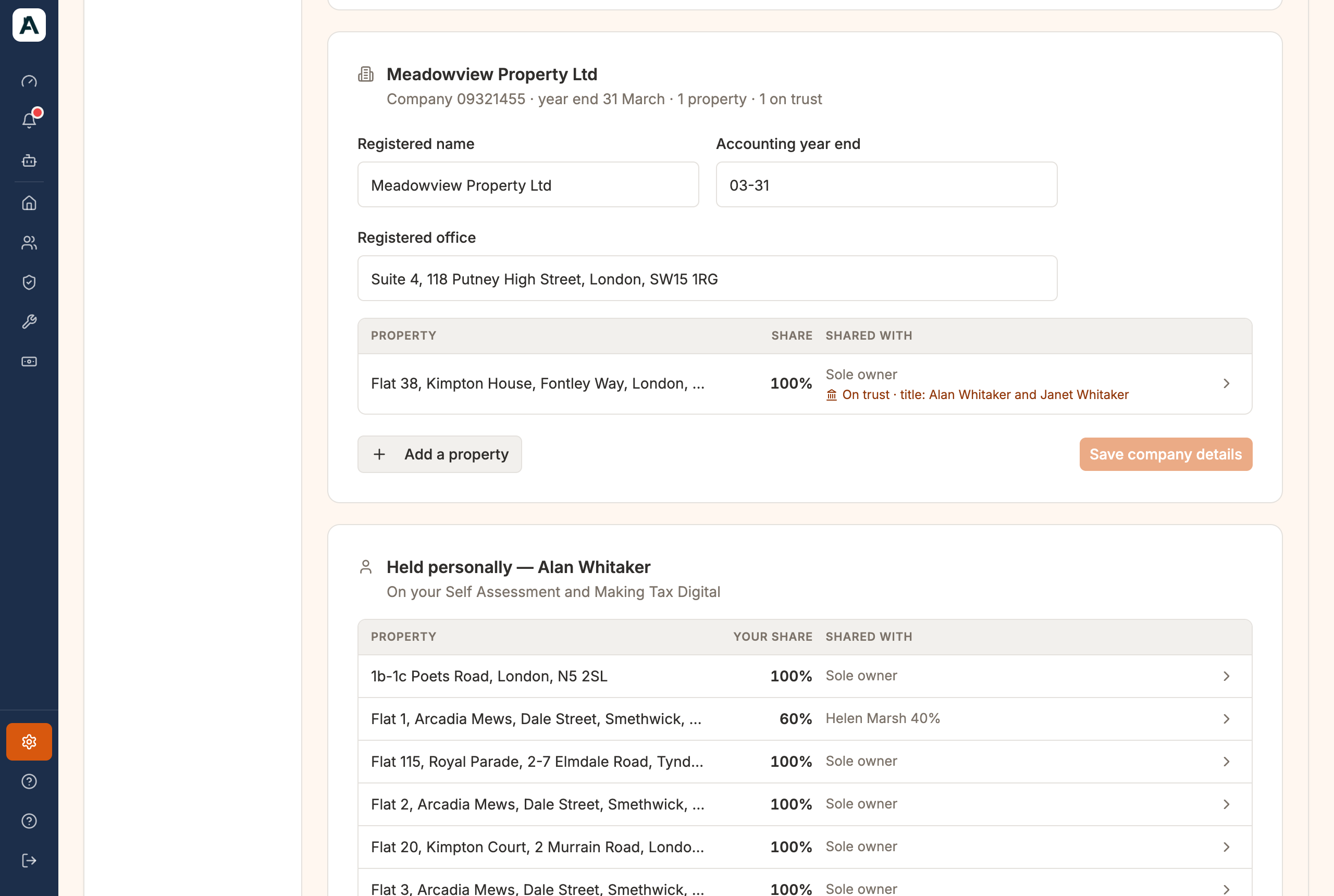 The Company tab in Settings: a card for each company with its name, year end, registered office and a property table