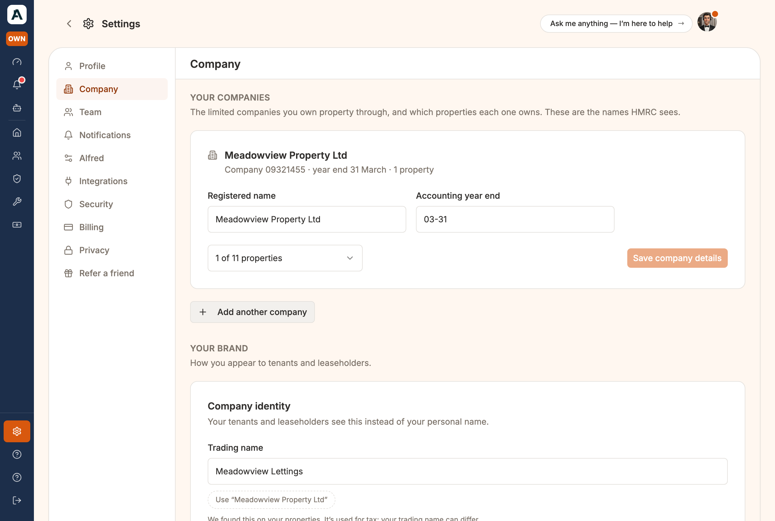 The Company tab: your trading name, logo and brand colour