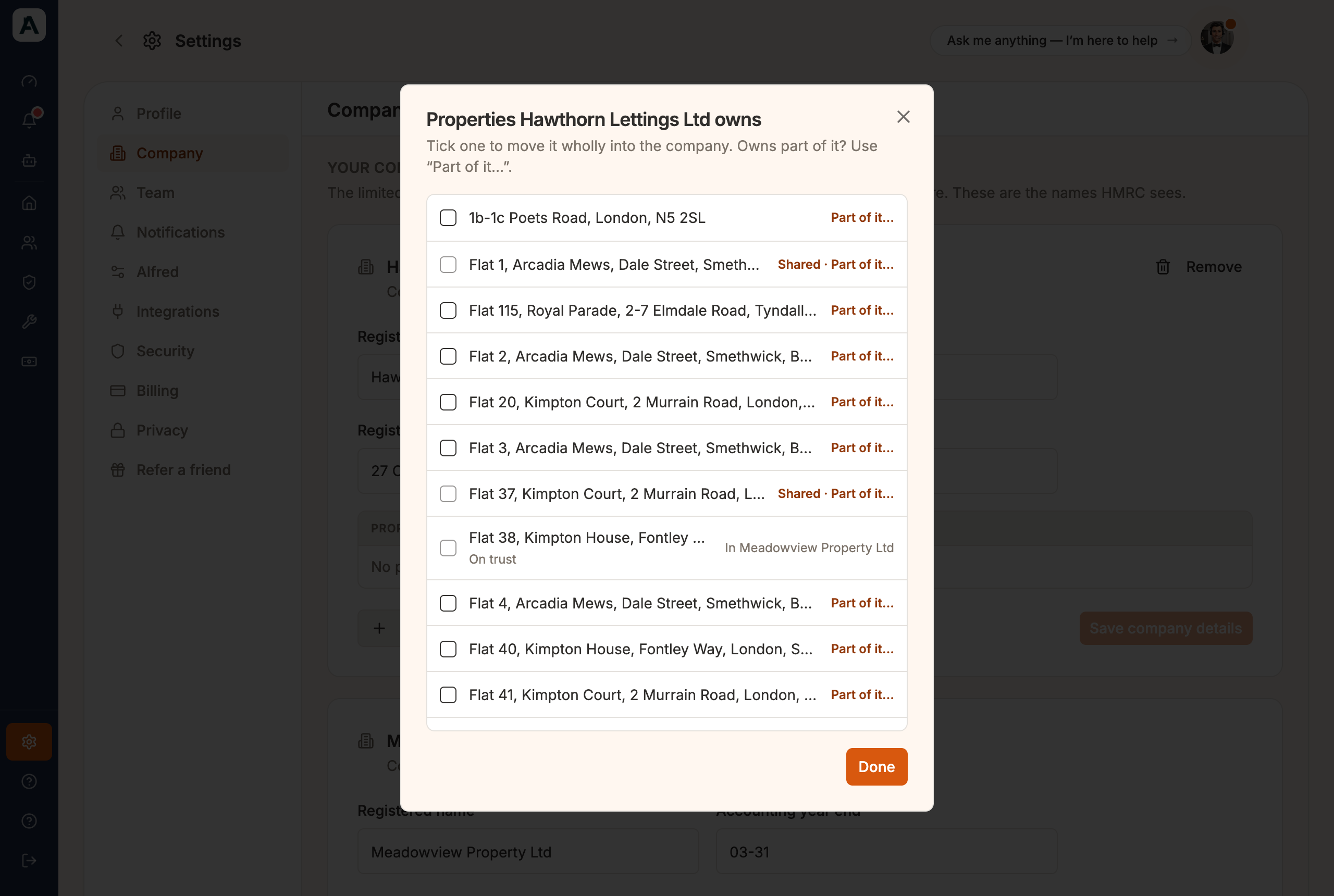 The Properties Hawthorn Lettings Ltd owns window: a tick box for each property, with Part of it links, and Flat 38 marked On trust in Meadowview Property Ltd