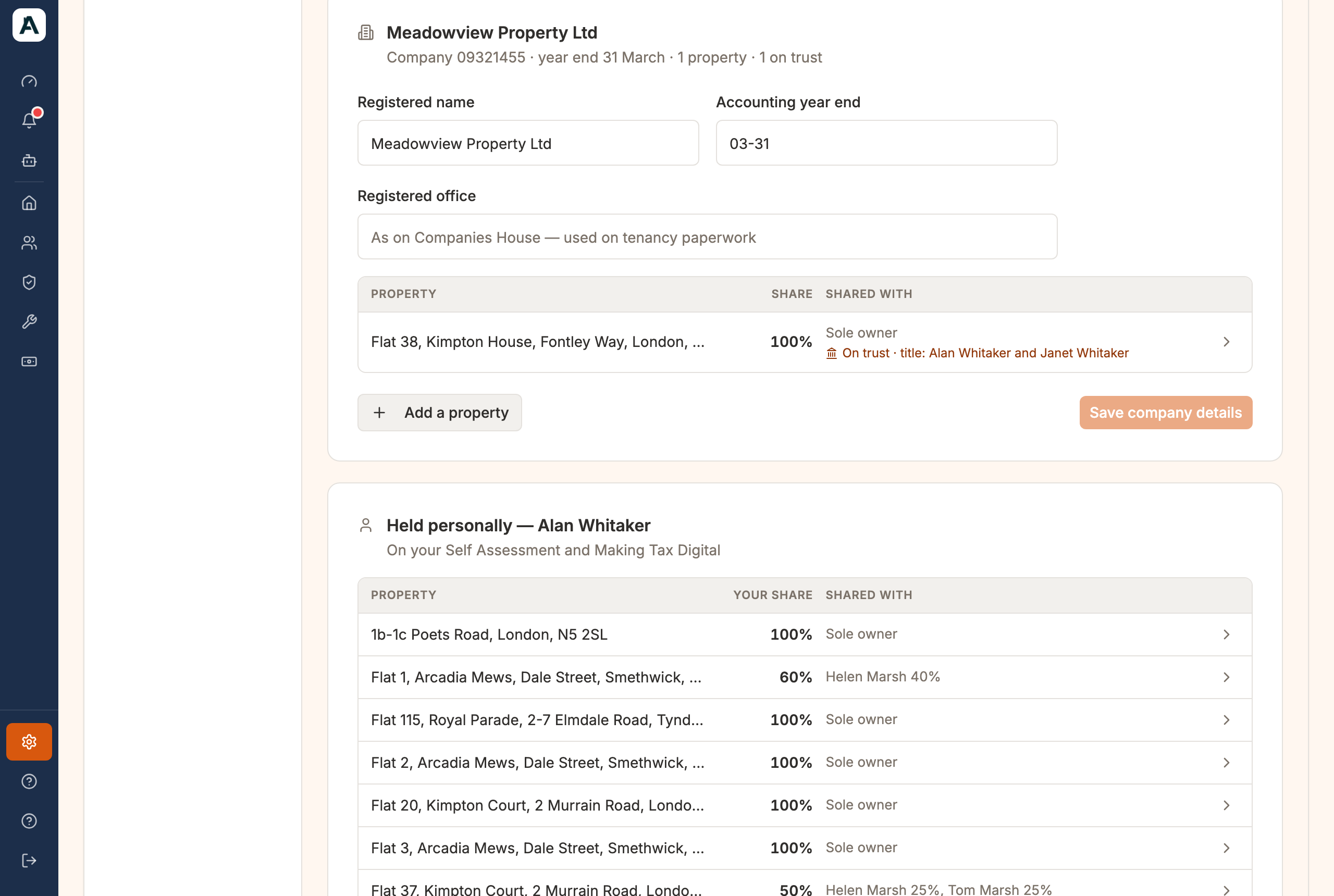 The Meadowview Property Ltd card with Flat 38, Kimpton House at 100%, Sole owner, and the on-trust line naming the two people on the title
