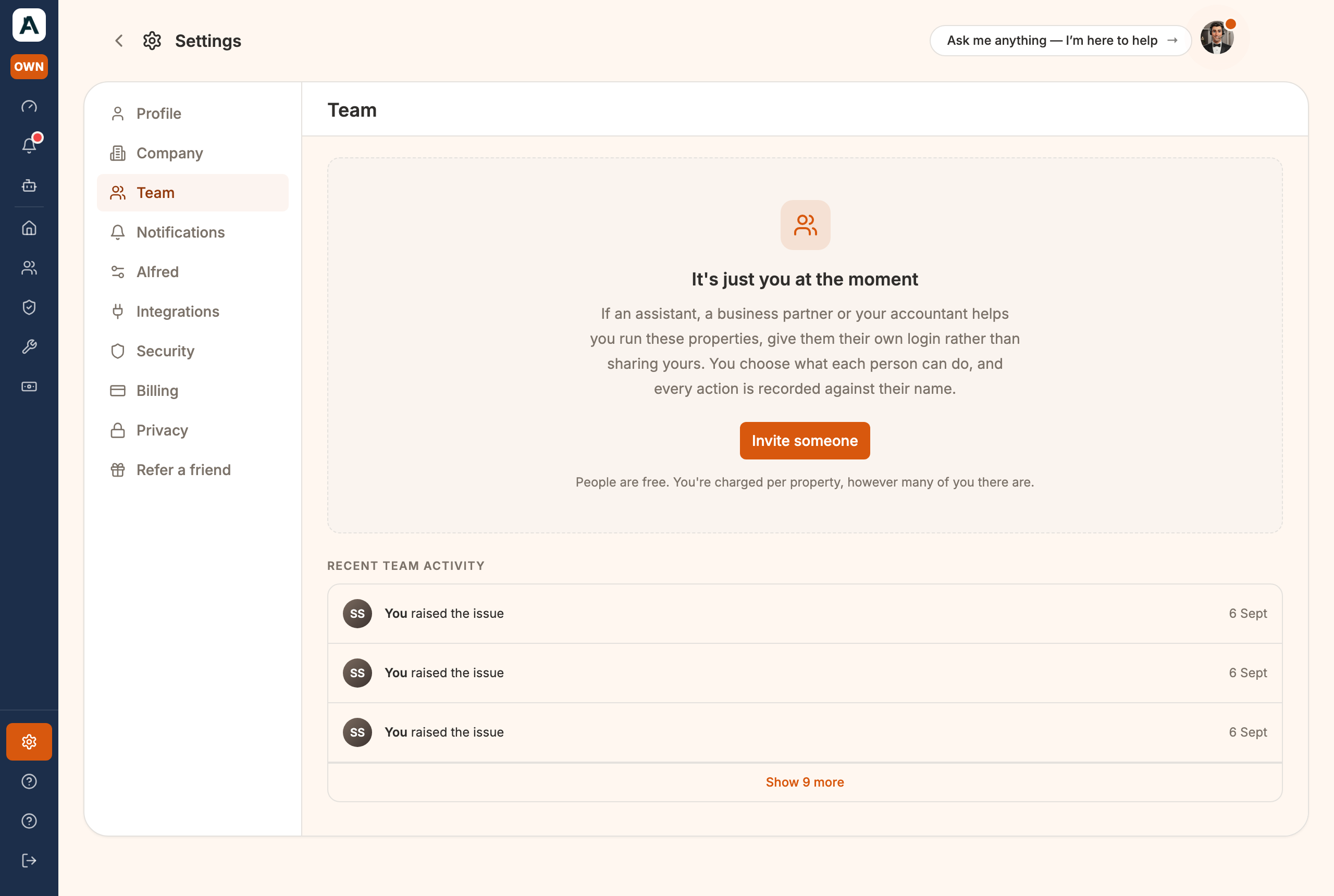 The Team tab: invite someone to their own login, with the access you choose
