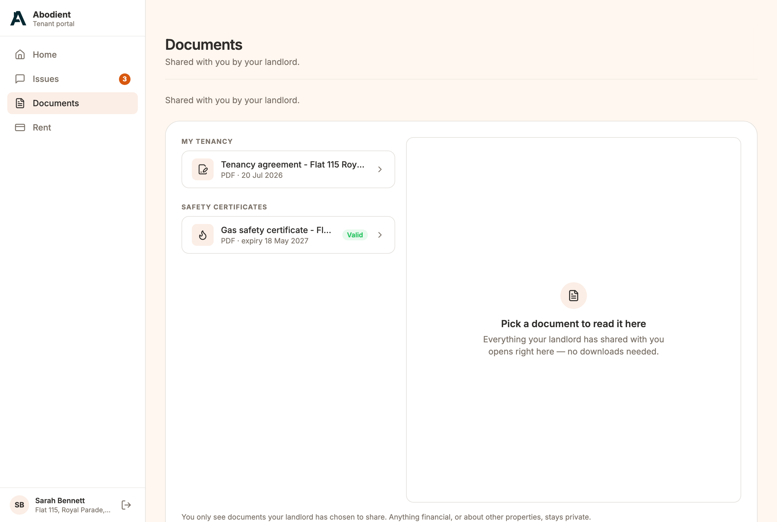 The Documents tab: your tenancy agreement, safety certificates and any notices, grouped