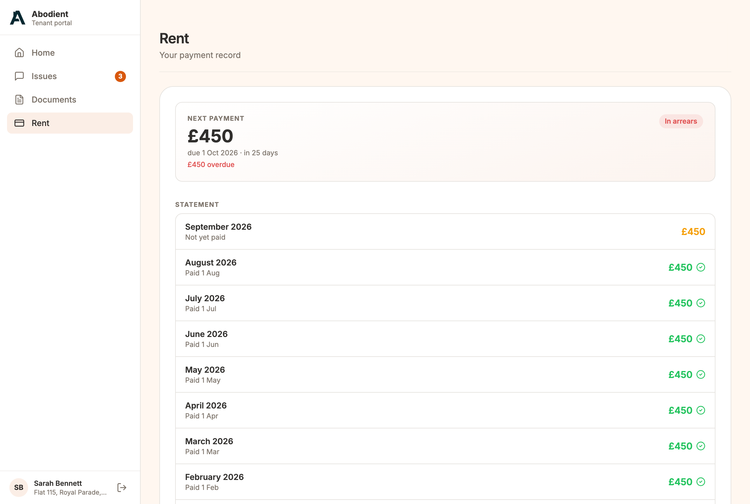 The Rent tab: your next payment, and a month-by-month record of what has been paid