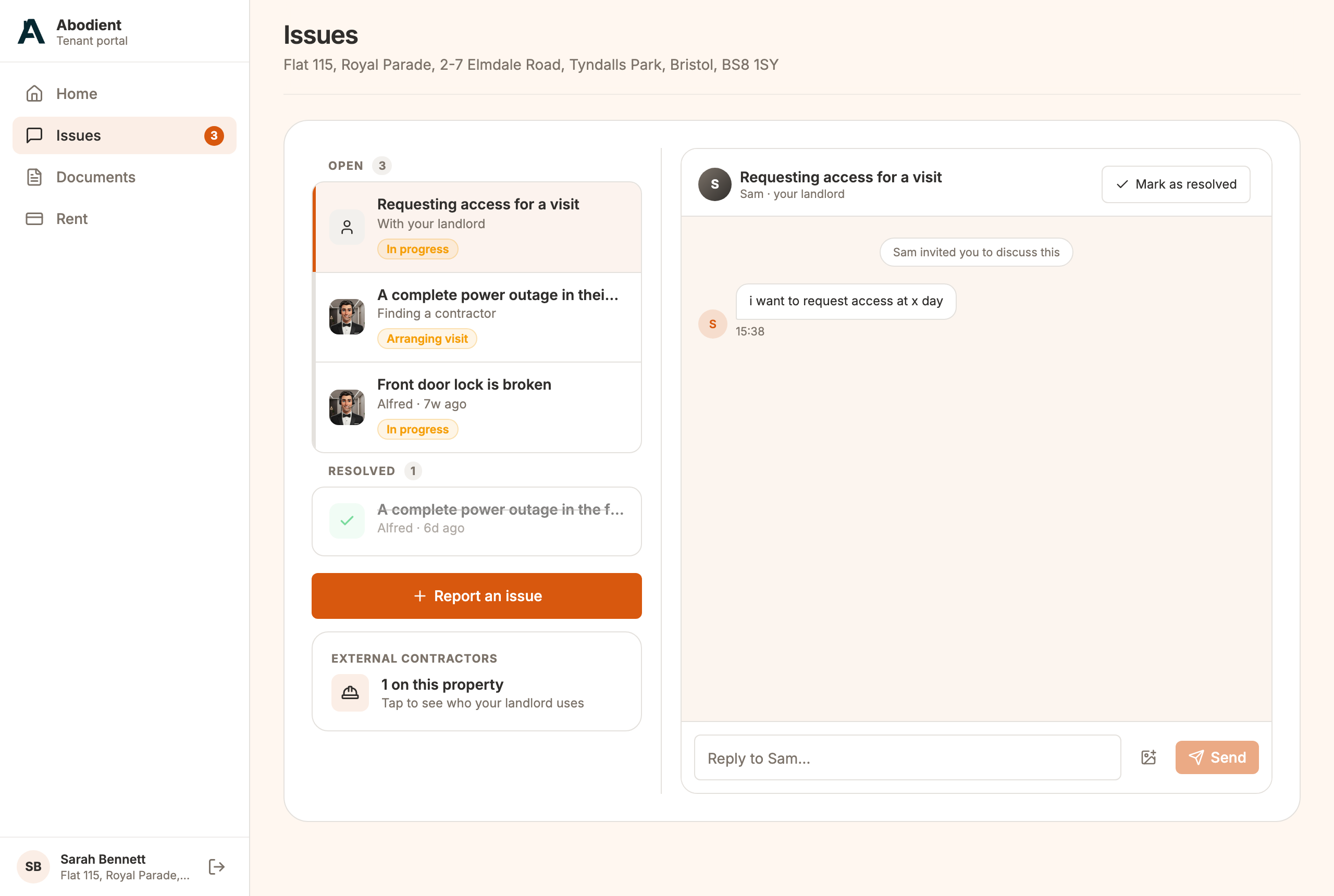 The Issues tab: your open and resolved issues, and a button to report a new one