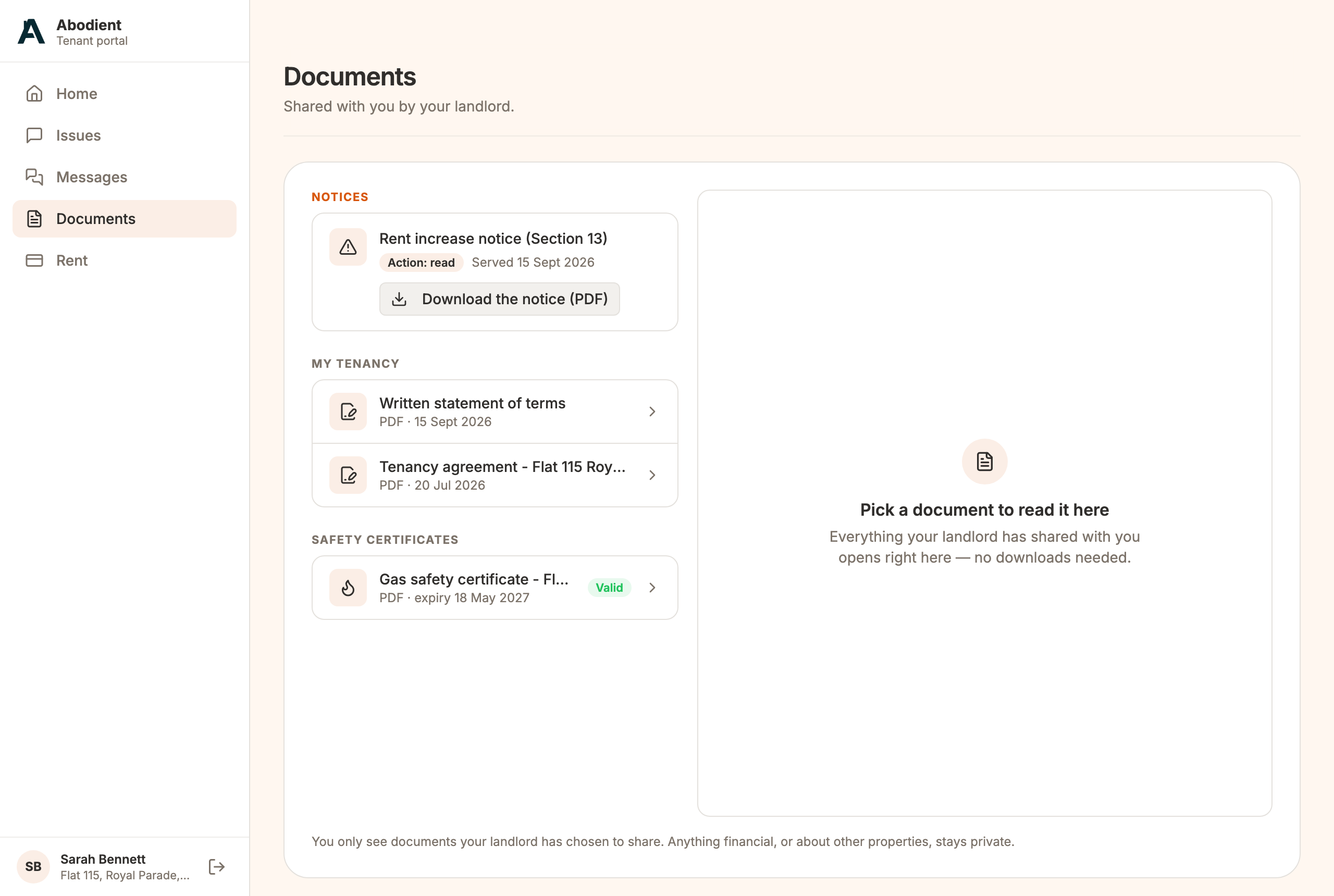 The tenant's Documents page: a served rent increase notice, tenancy documents and a gas safety certificate
