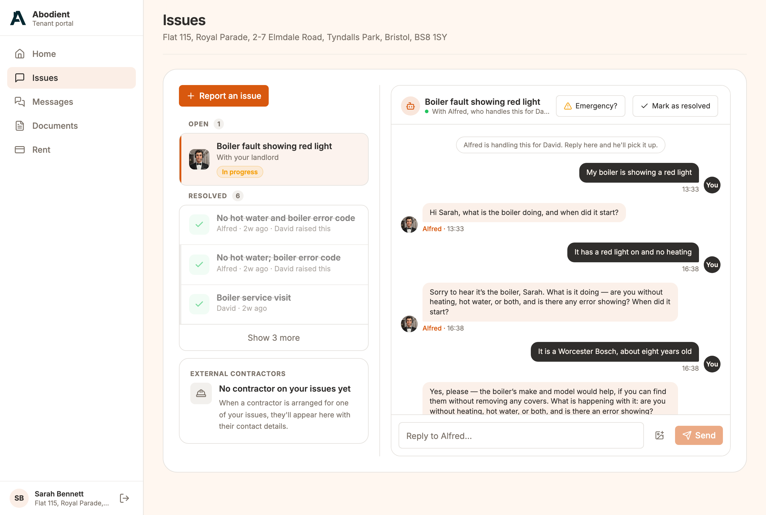 The tenant's Issues page: one open issue and six resolved, with the open conversation with Alfred beside them