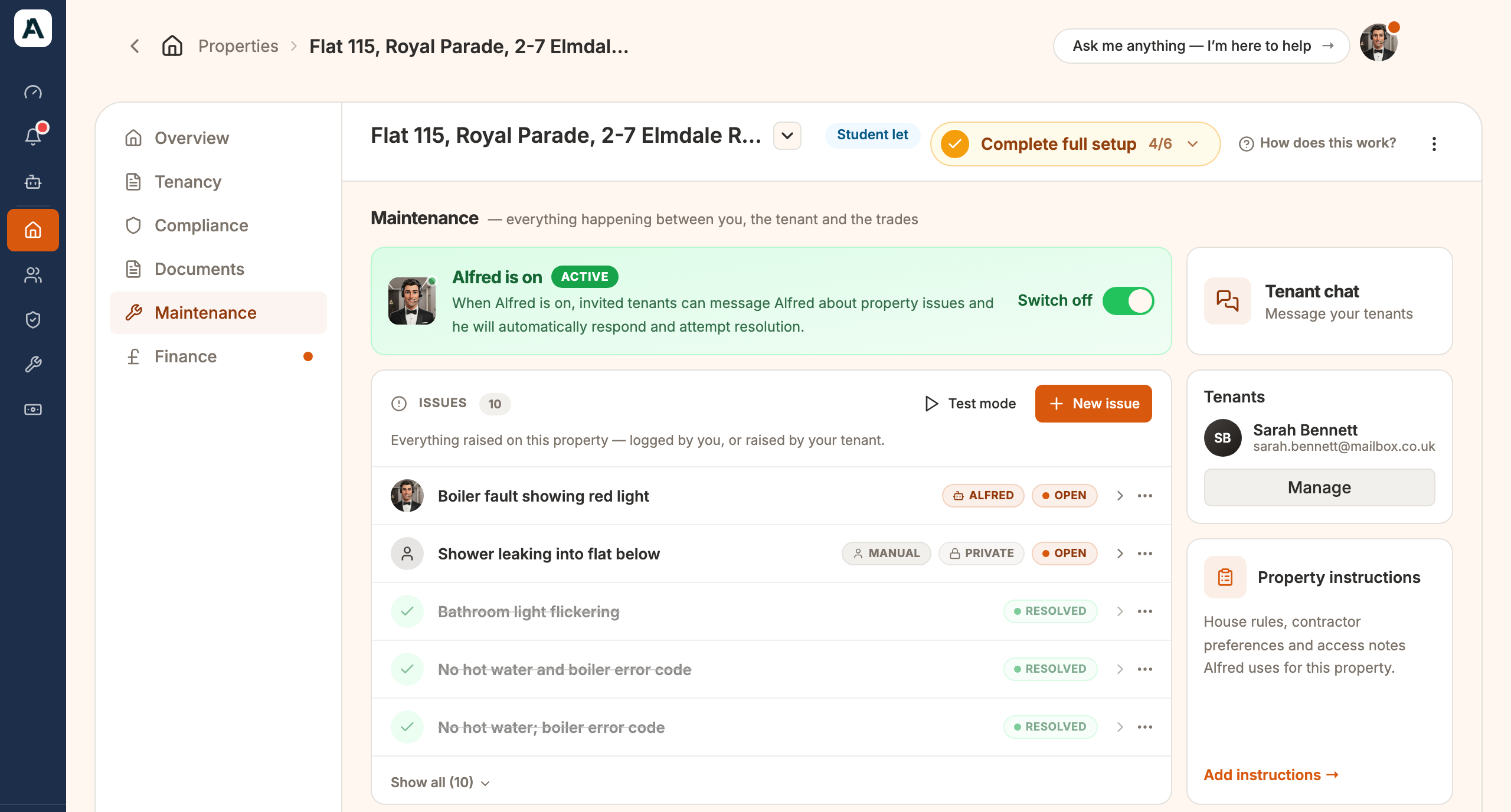 Flat 115's Maintenance tab: the Alfred card, the Tenant chat button and the issues list with the tenant's new report marked Alfred