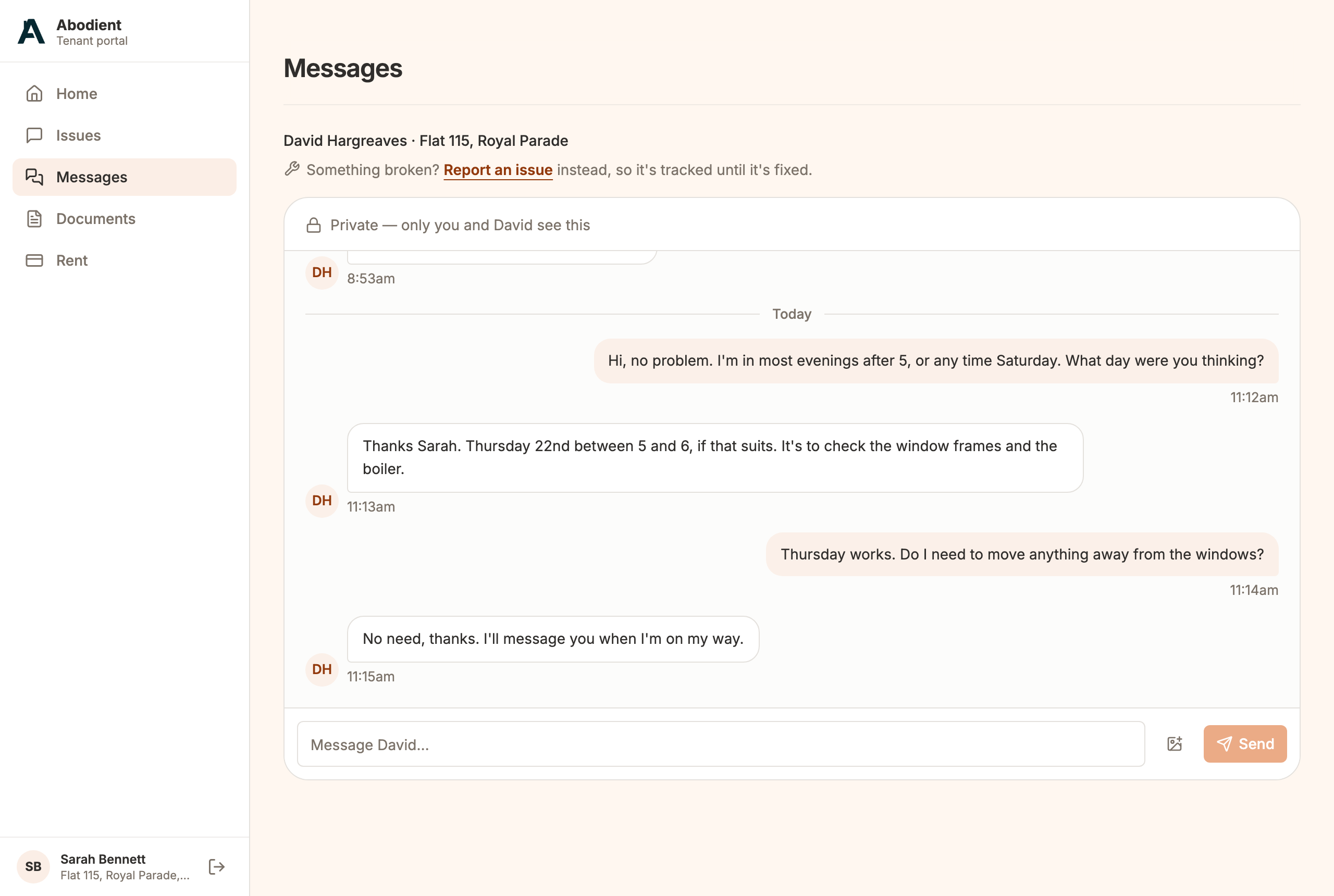 The tenant's Messages page: the private conversation with the landlord, a short exchange about arranging a visit, and the reply box