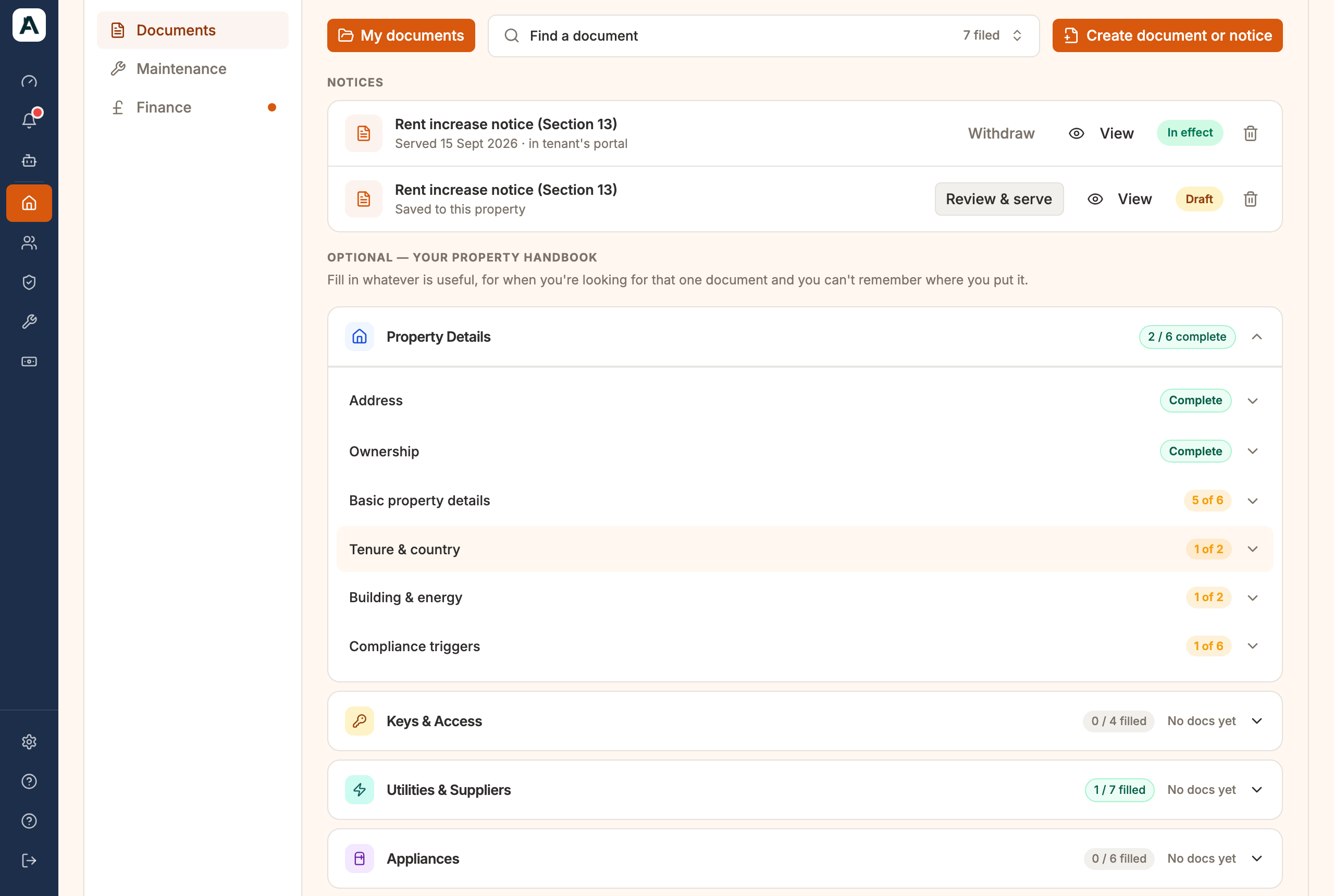 Flat 115's Documents tab with the Notices list: a served rent increase notice in the tenant's portal, and a draft waiting to be served