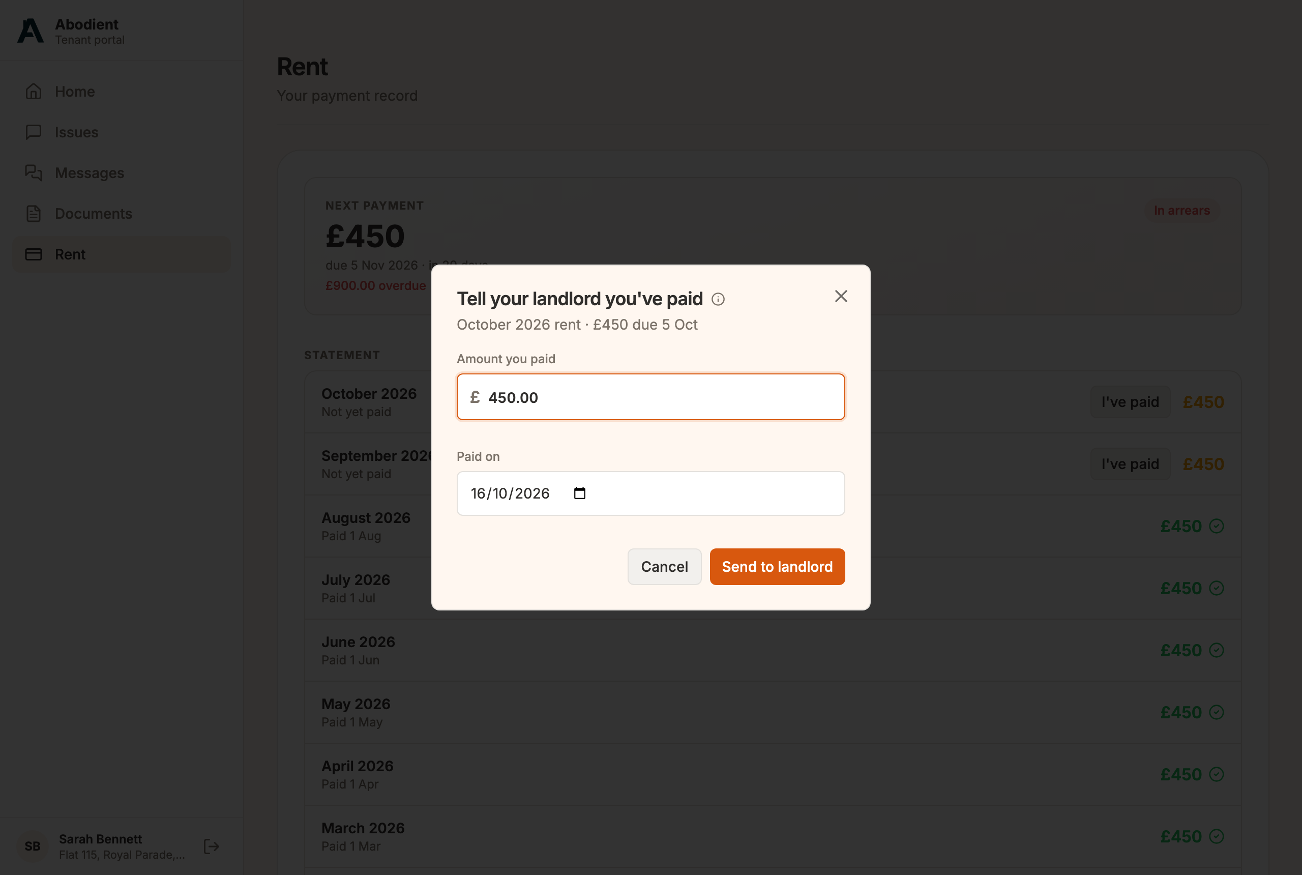 The Tell your landlord you've paid window open on an unpaid month, with the amount and date filled in