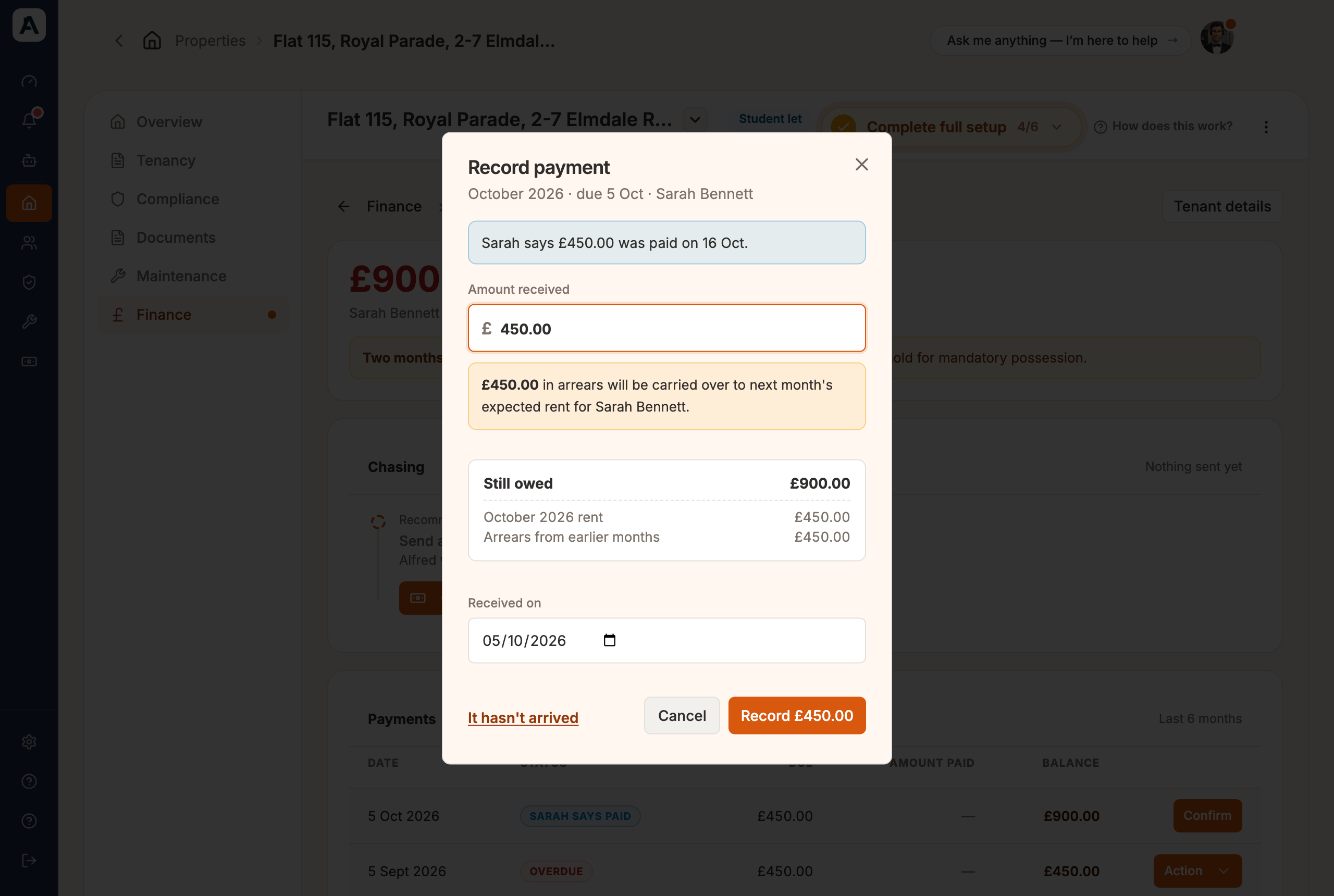 The Record payment window on Flat 115's Rent status page, with the amount and received date ready to confirm