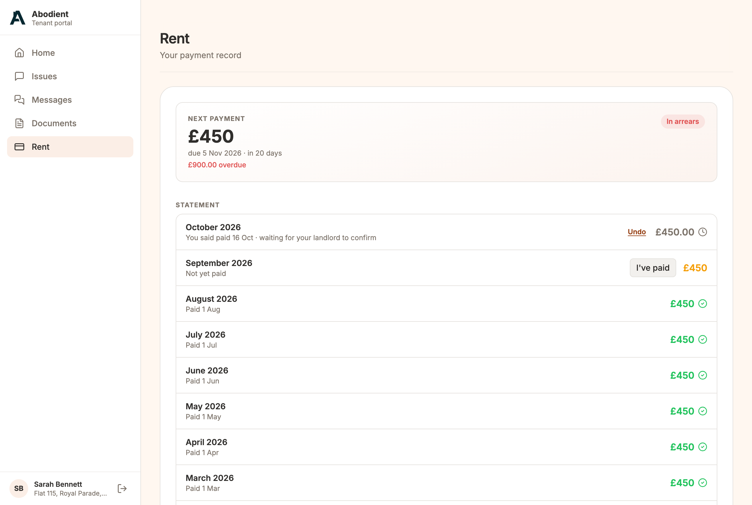 The tenant's Rent page after reporting: October reads You said paid 16 Oct, waiting for your landlord to confirm, with Undo beside it