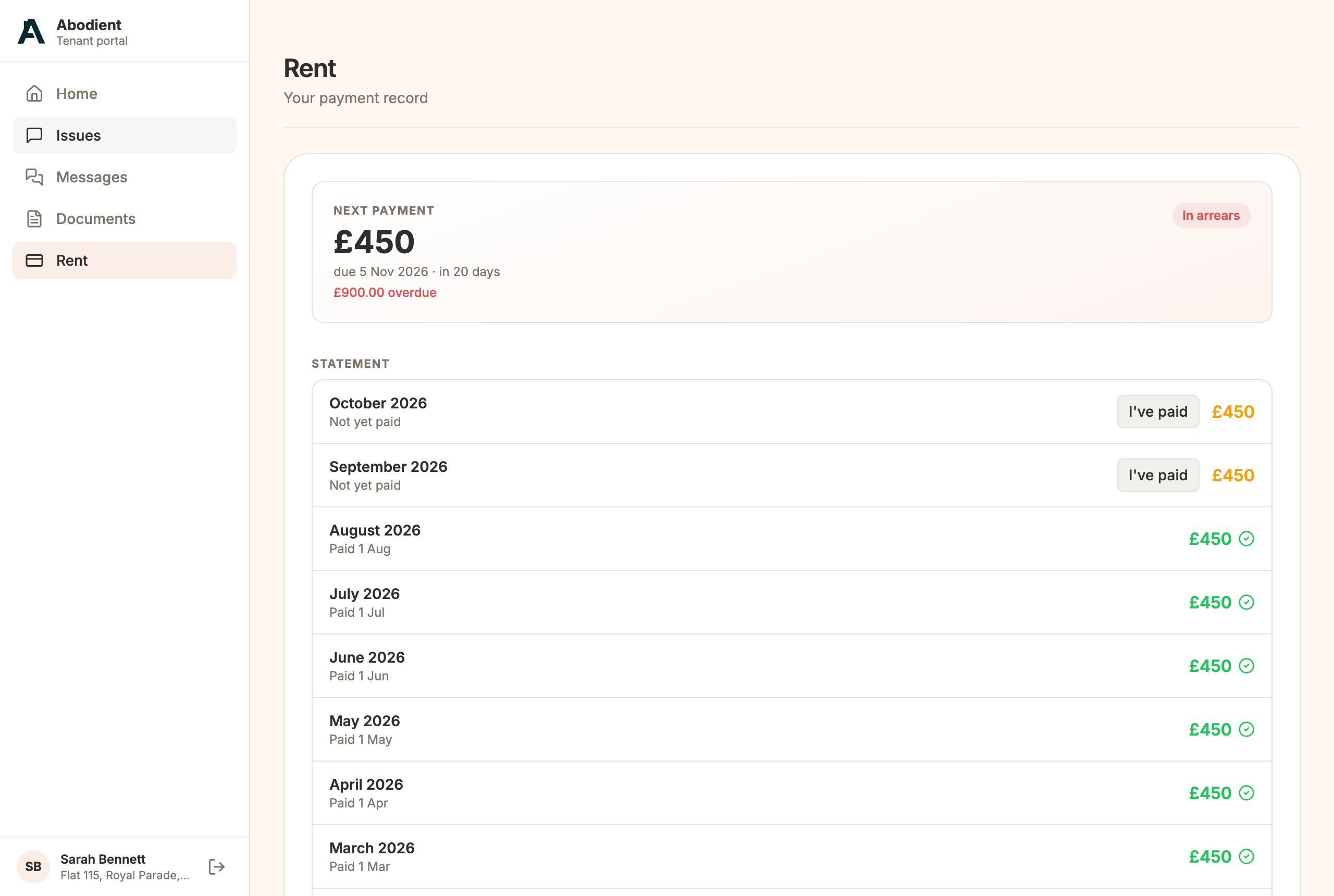 The tenant's Rent page: next payment, £900 overdue and a month-by-month statement with I've paid beside the two unpaid months