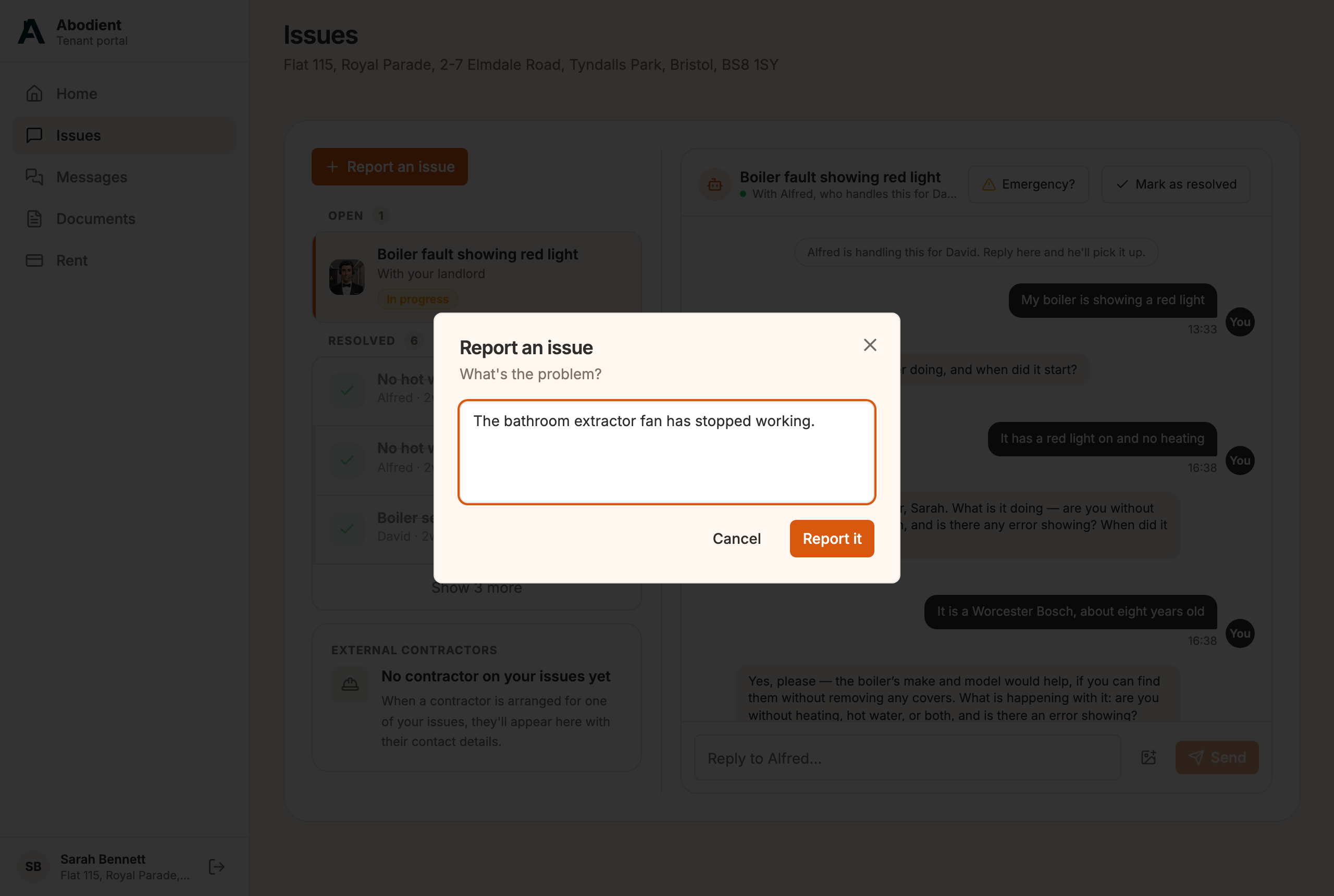 The Report an issue window with a sentence typed in, before the tenant selects Report it