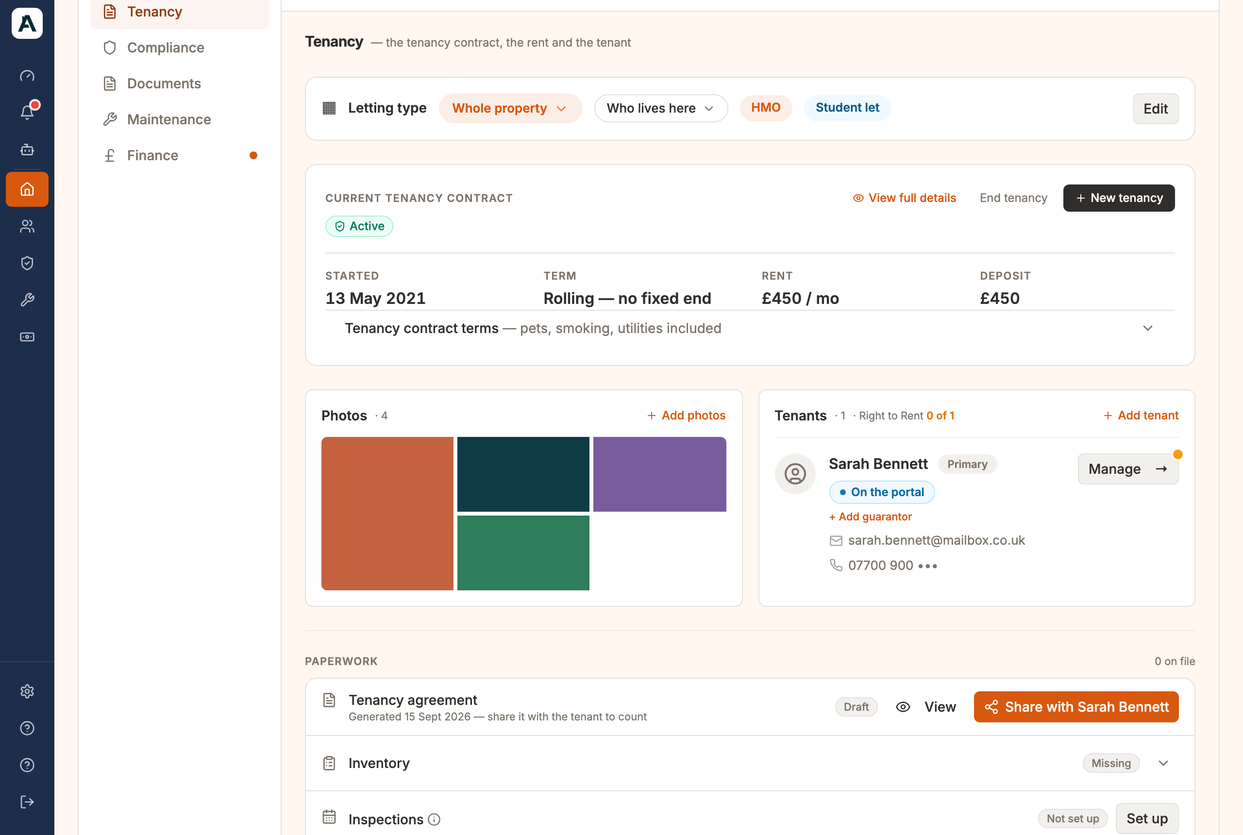 Flat 115's Tenancy tab: the tenant's card is marked On the portal, with a Manage button beside it