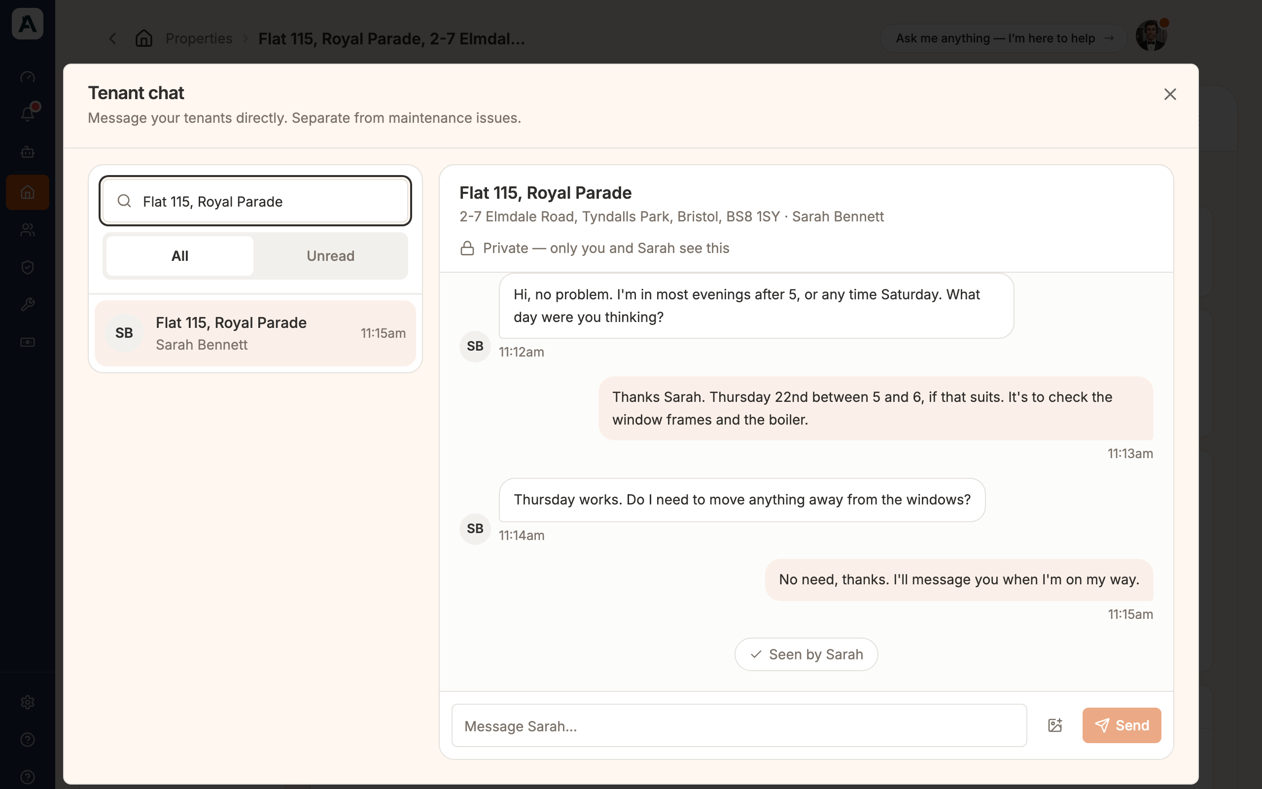 The Tenant chat window: the conversation with the tenant, a Seen by line and the box where you reply