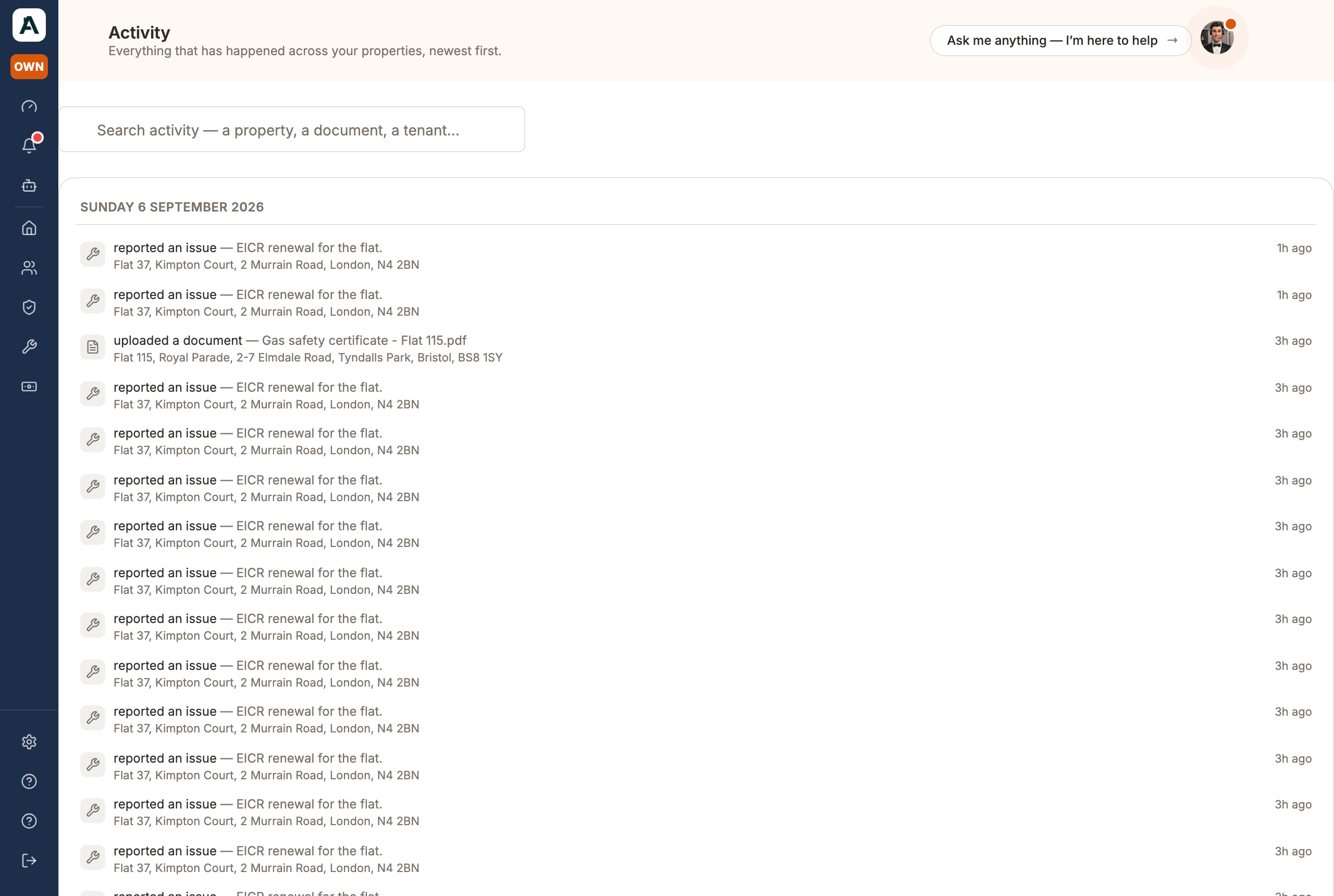 The Activity page: every change, grouped by day, newest at the top