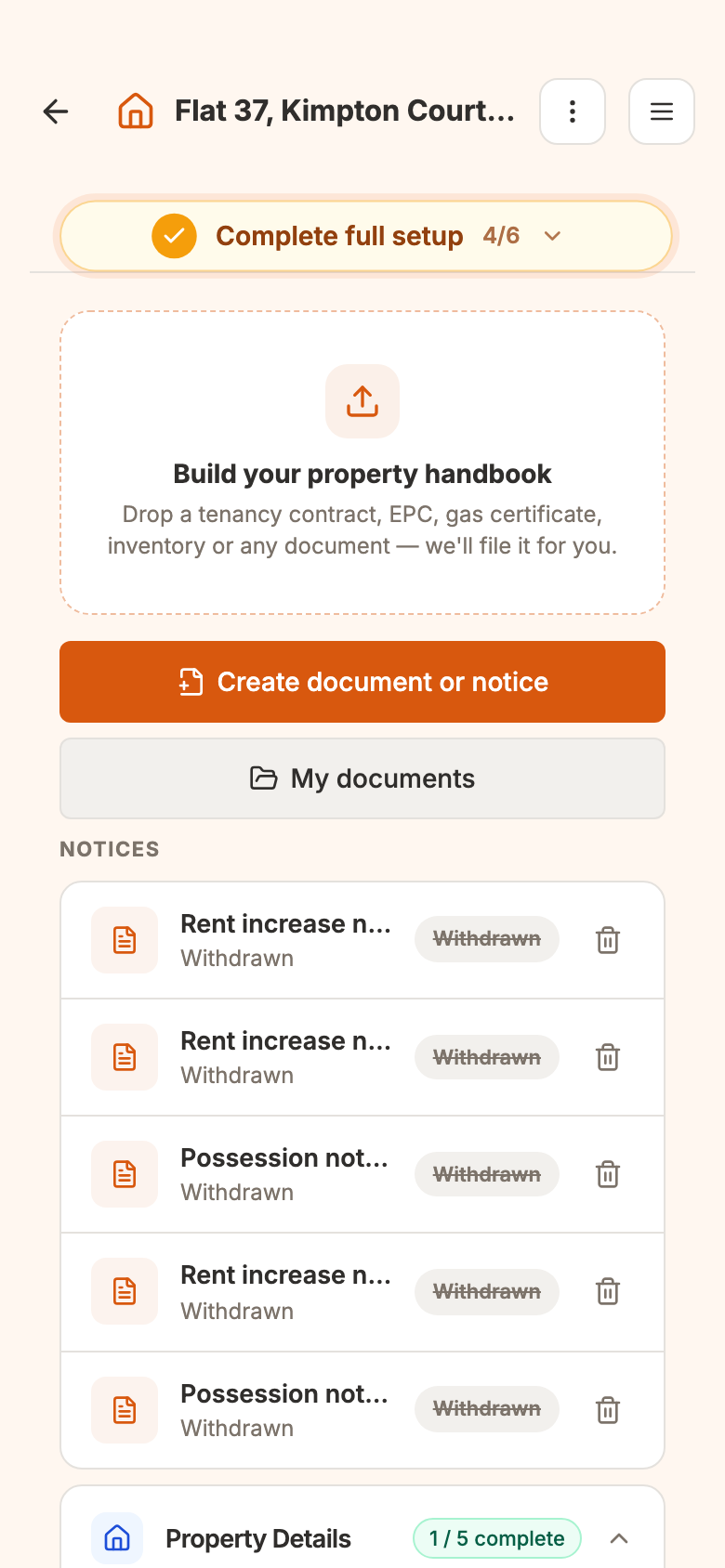 Adding a document on a phone: photograph it straight into the property