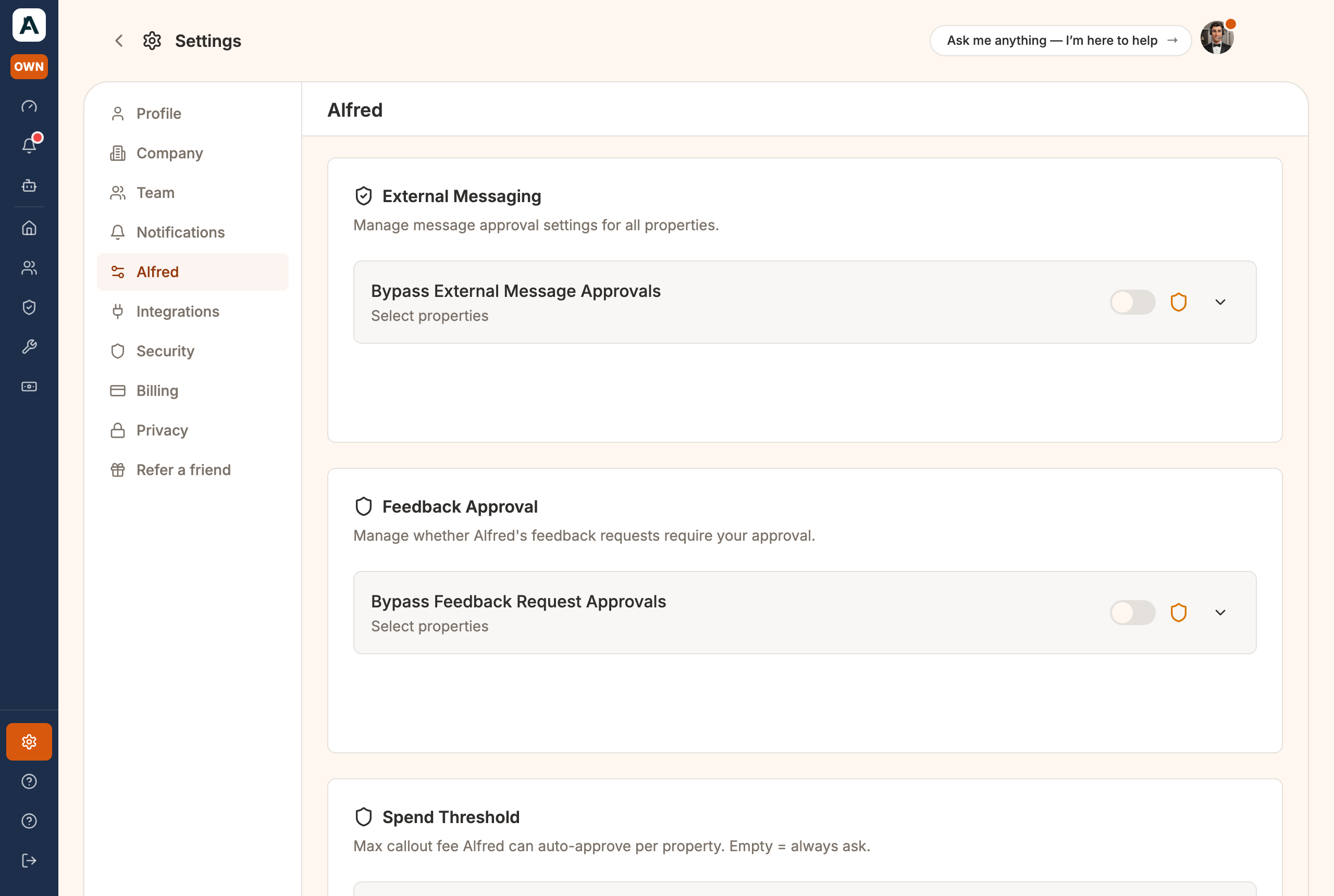 The Alfred tab in Settings: External Messaging and Feedback Approval