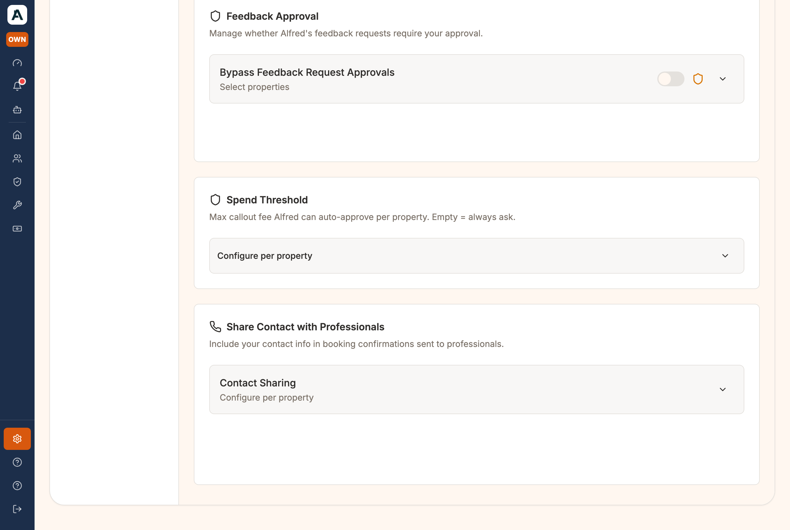 Further down the same tab: Spend Threshold and Share Contact with Professionals