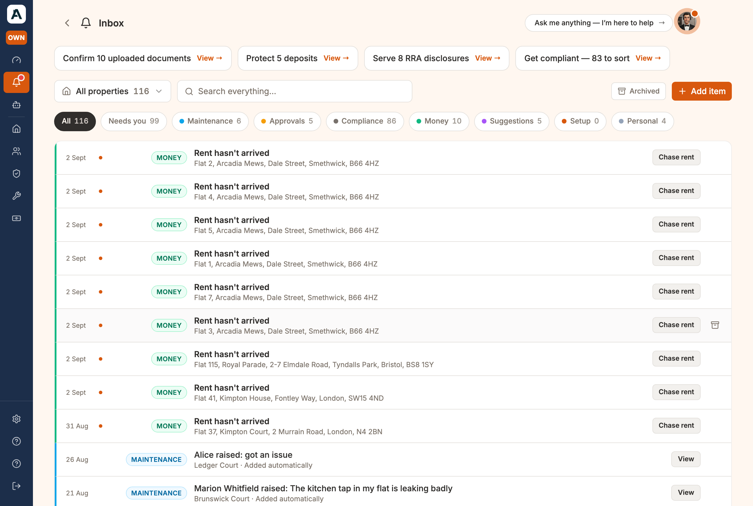 The Inbox: category chips across the top, shortcut banners, and the list of items below