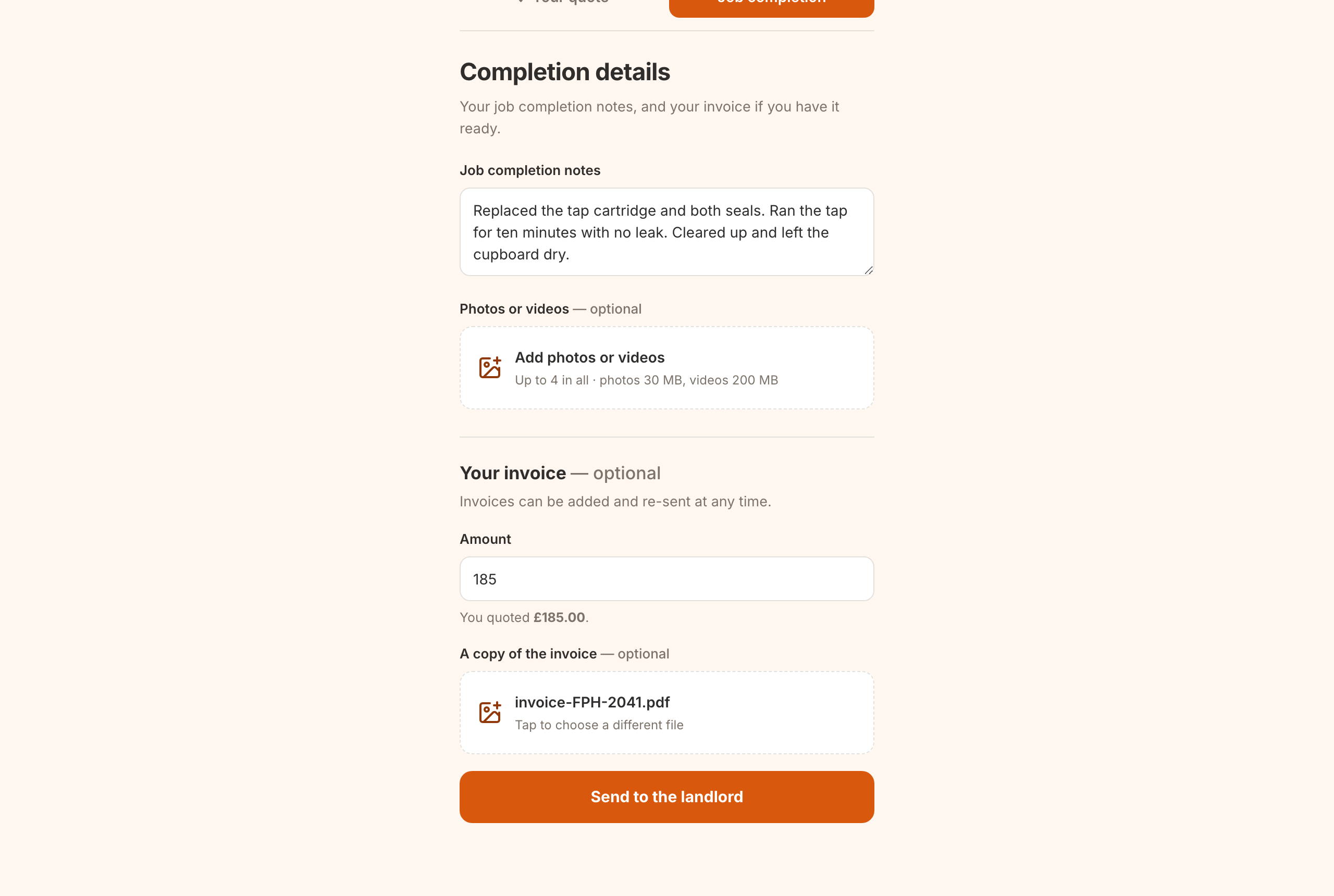 The Job completion tab filled in: completion notes, an invoice amount of 185 and an invoice PDF attached, above the Send to the landlord button