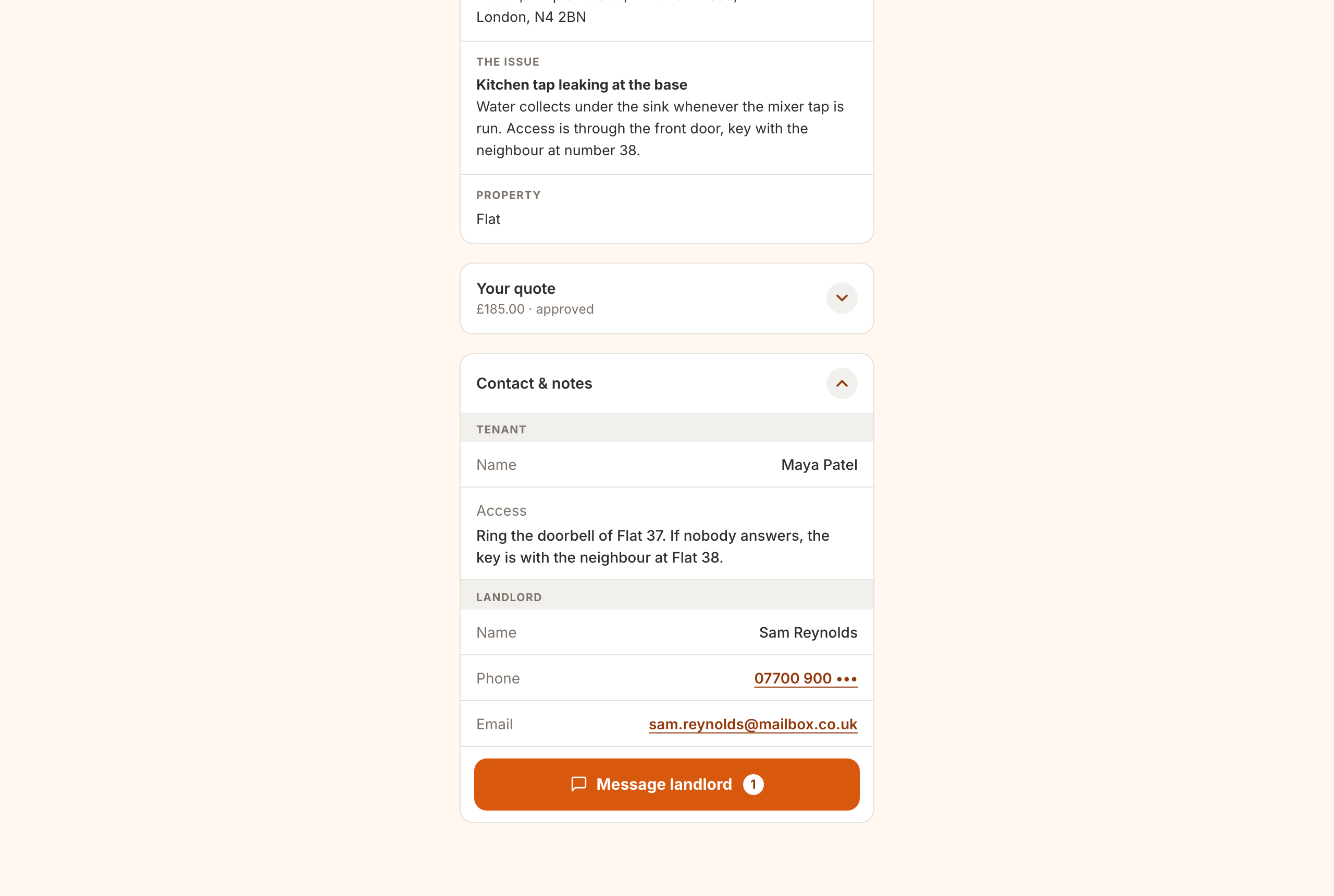 The Contact and notes section open, with the tenant's name, the access note, your details, and the Message landlord and Add note buttons