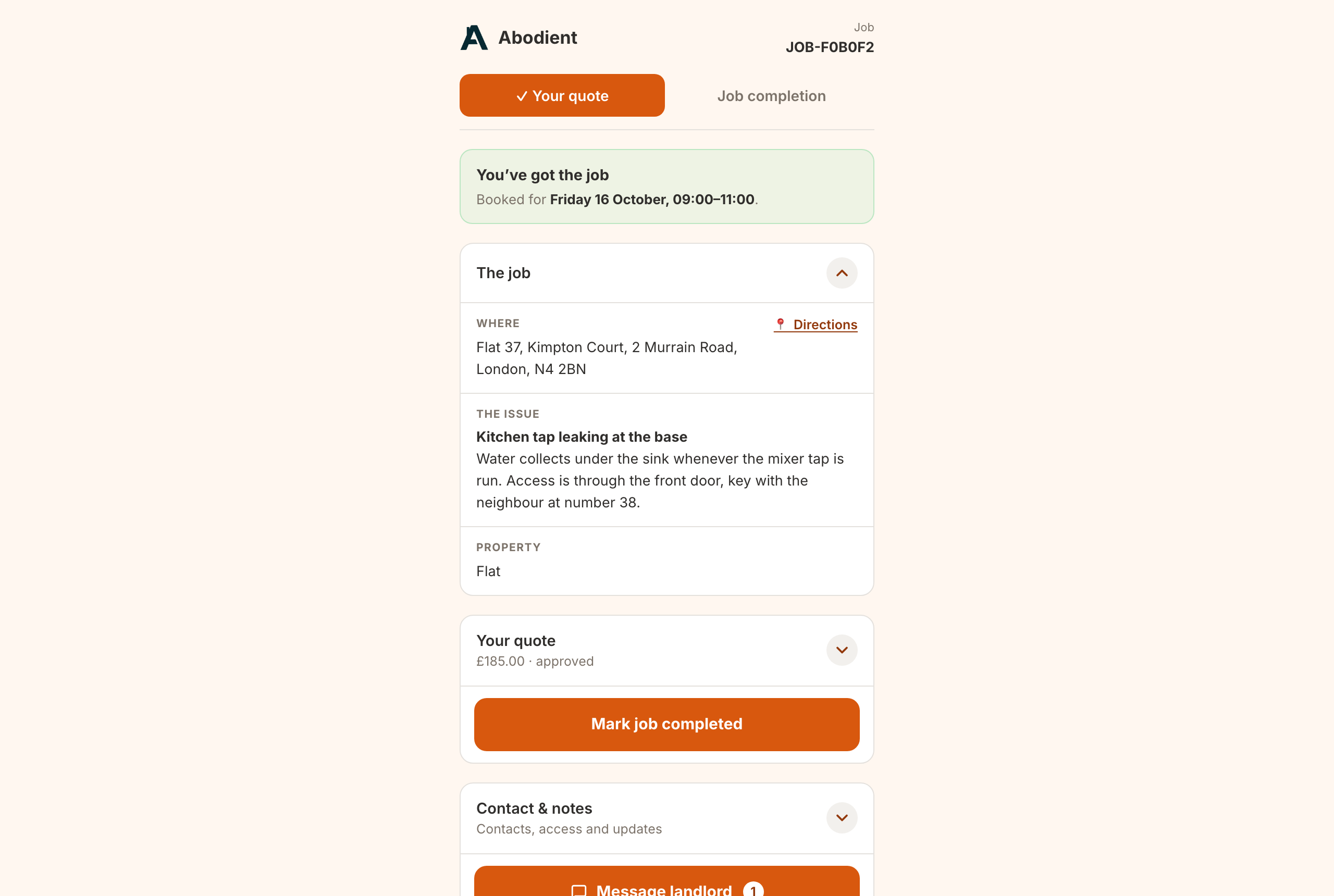 The contractor's job page with the banner You've got the job and Booked for Friday 16 October, 09:00 to 11:00, then the job details and the approved quote