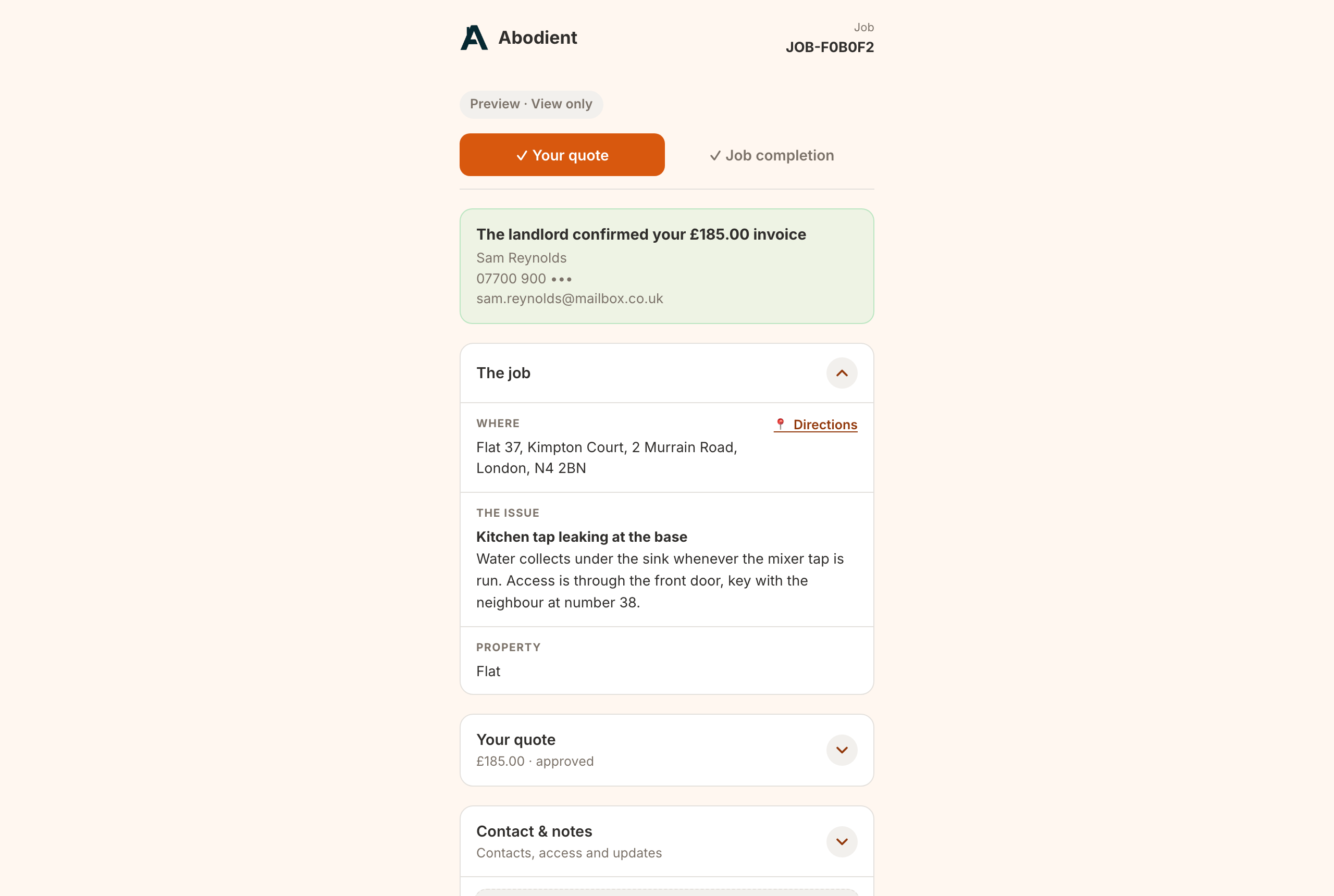 The contractor's job page opened from Open job form, with the Preview View only note and the banner The landlord confirmed your 185 pound invoice