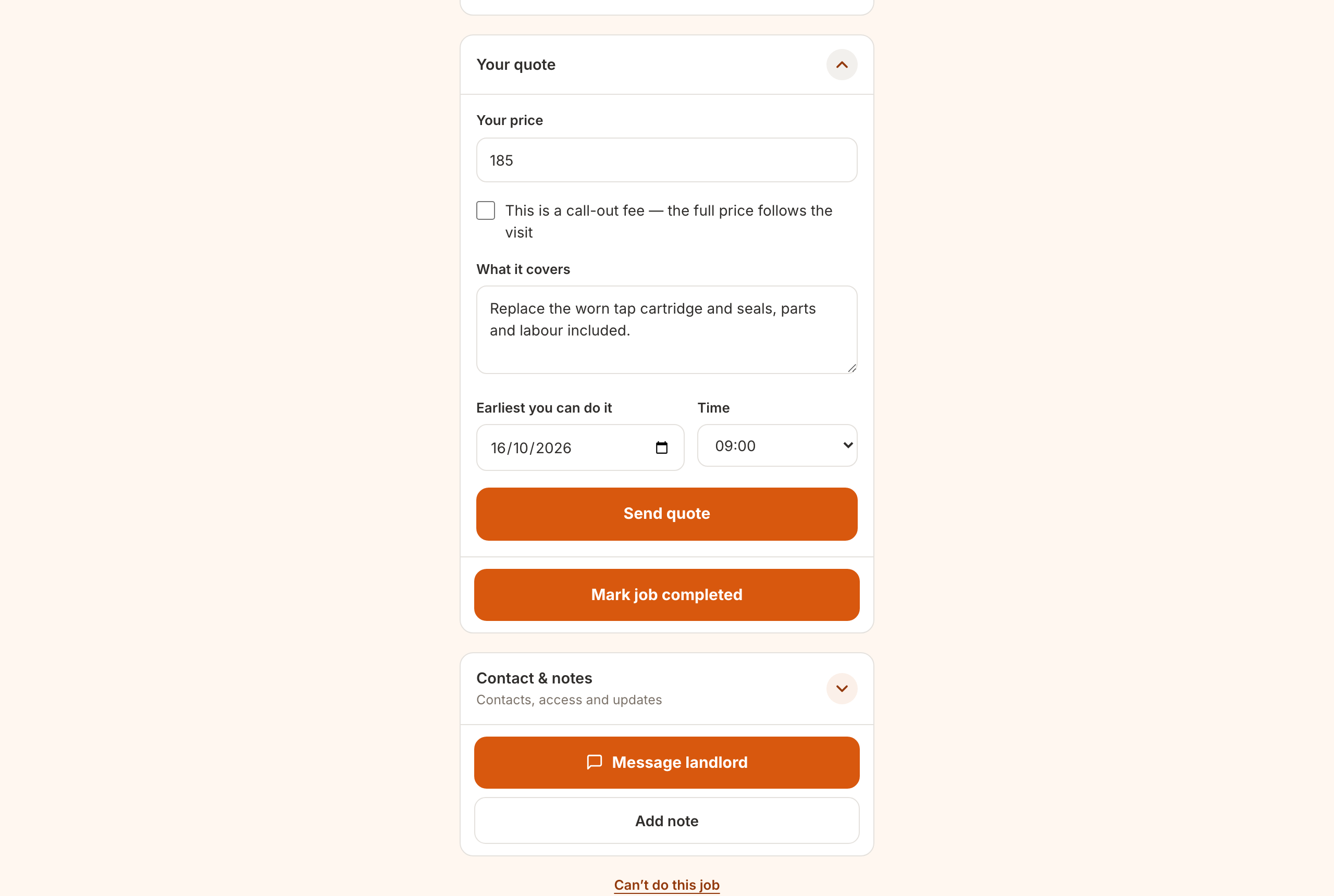 The Your quote panel with a price of 185 typed in, what it covers, the earliest day and time, and the Send quote button