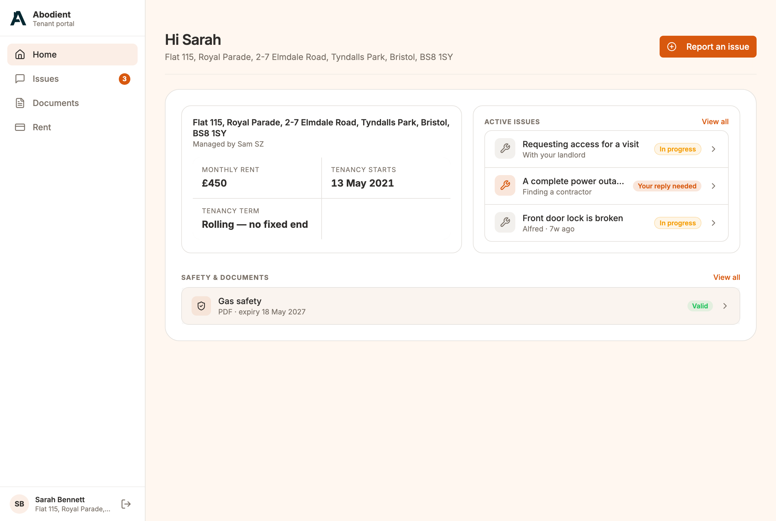 The tenant portal: their rent, their tenancy dates, their documents, and a way to report a problem