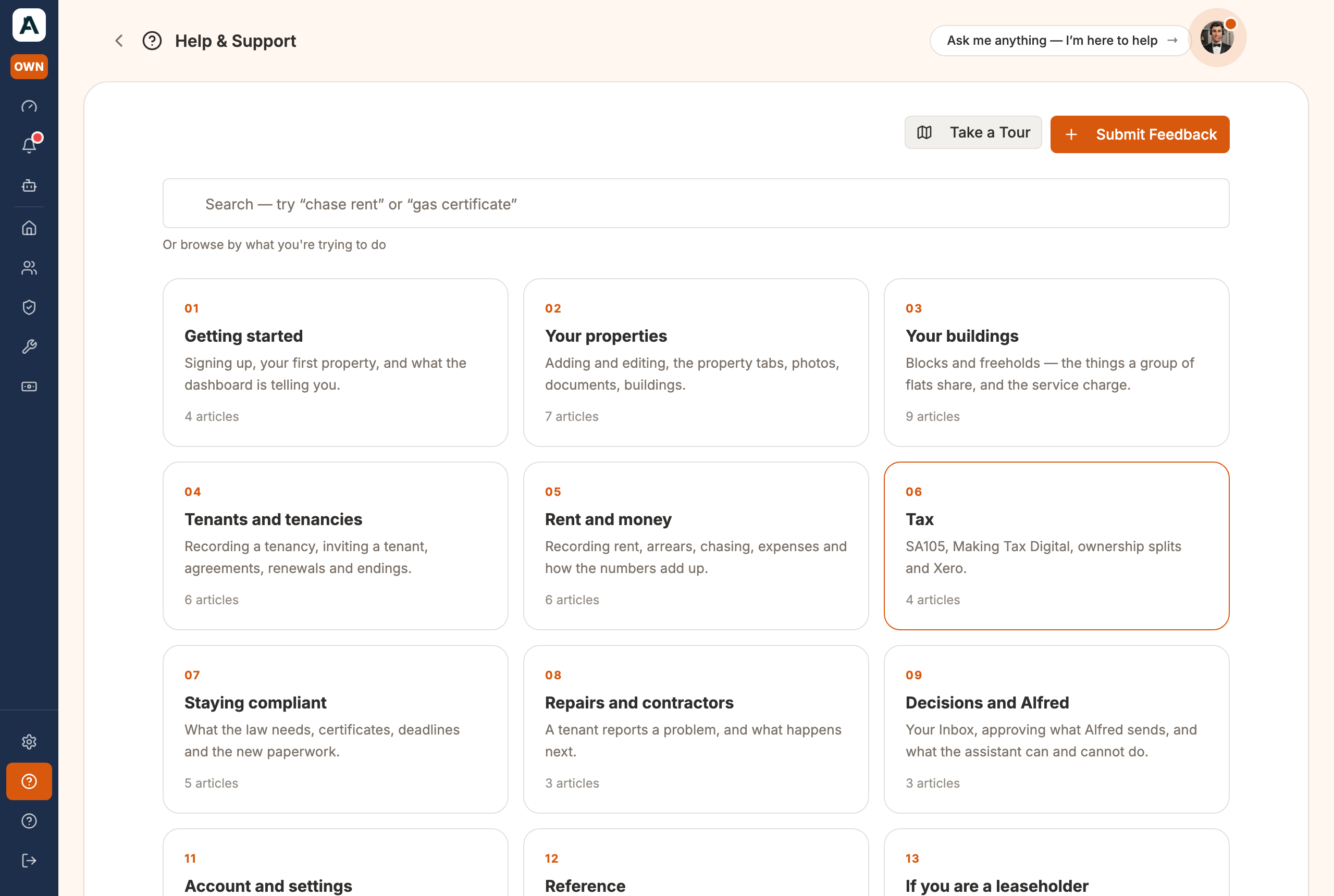 The Help & Support page: search the manual, browse by what you are doing, or submit feedback