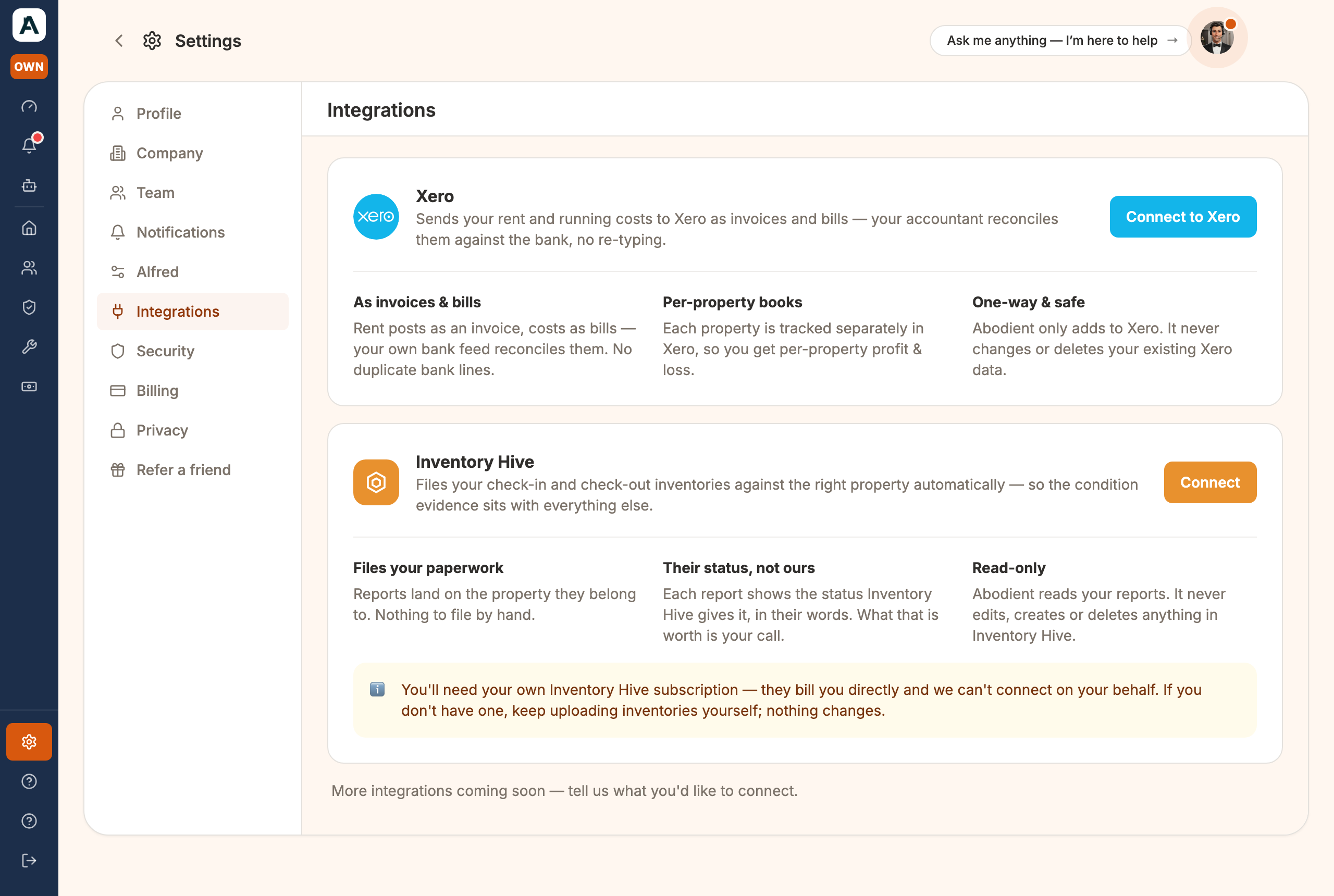 The Integrations tab in Settings: Connect to Xero, and what the connection does with your figures
