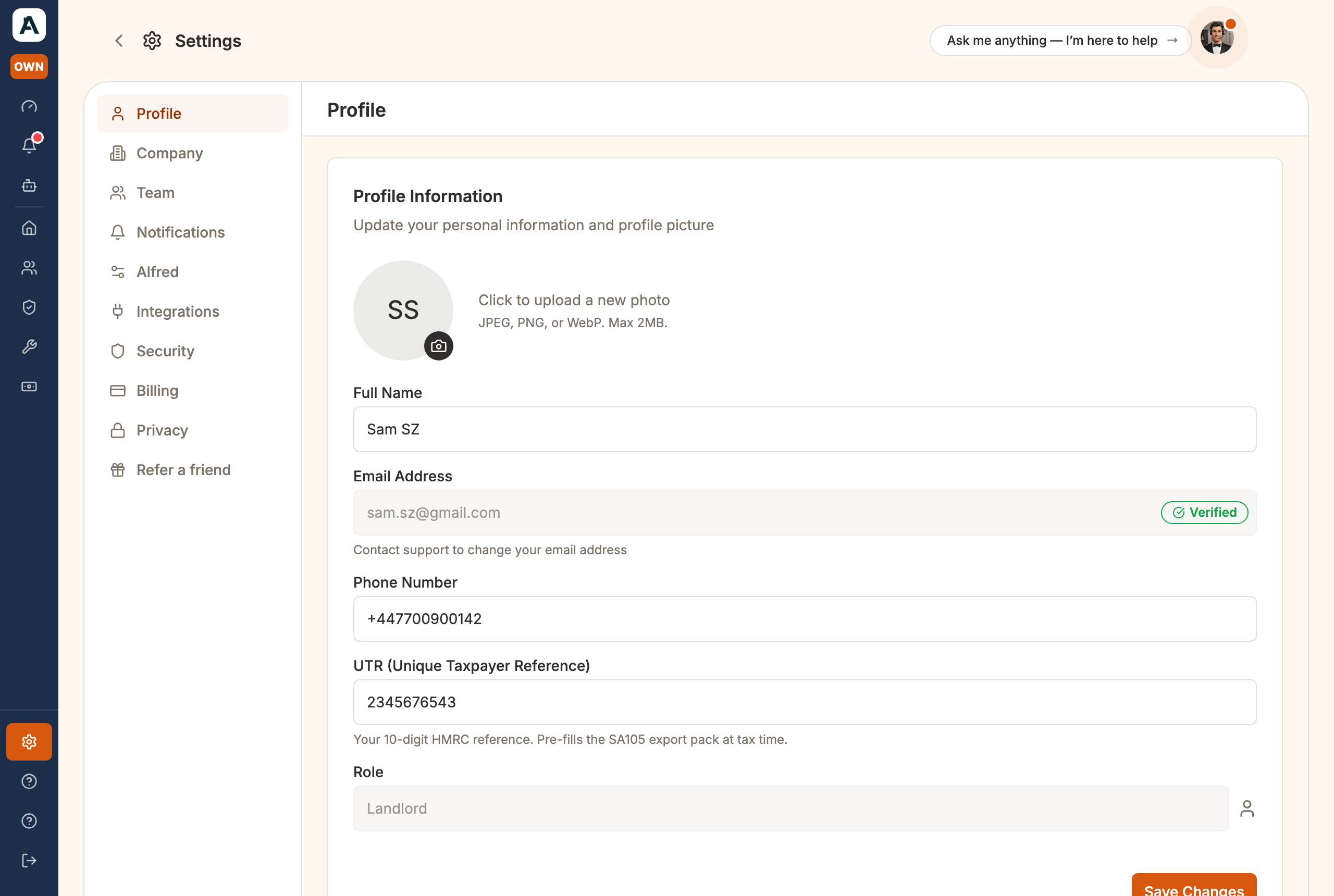 The Profile tab: your name, email, phone and UTR