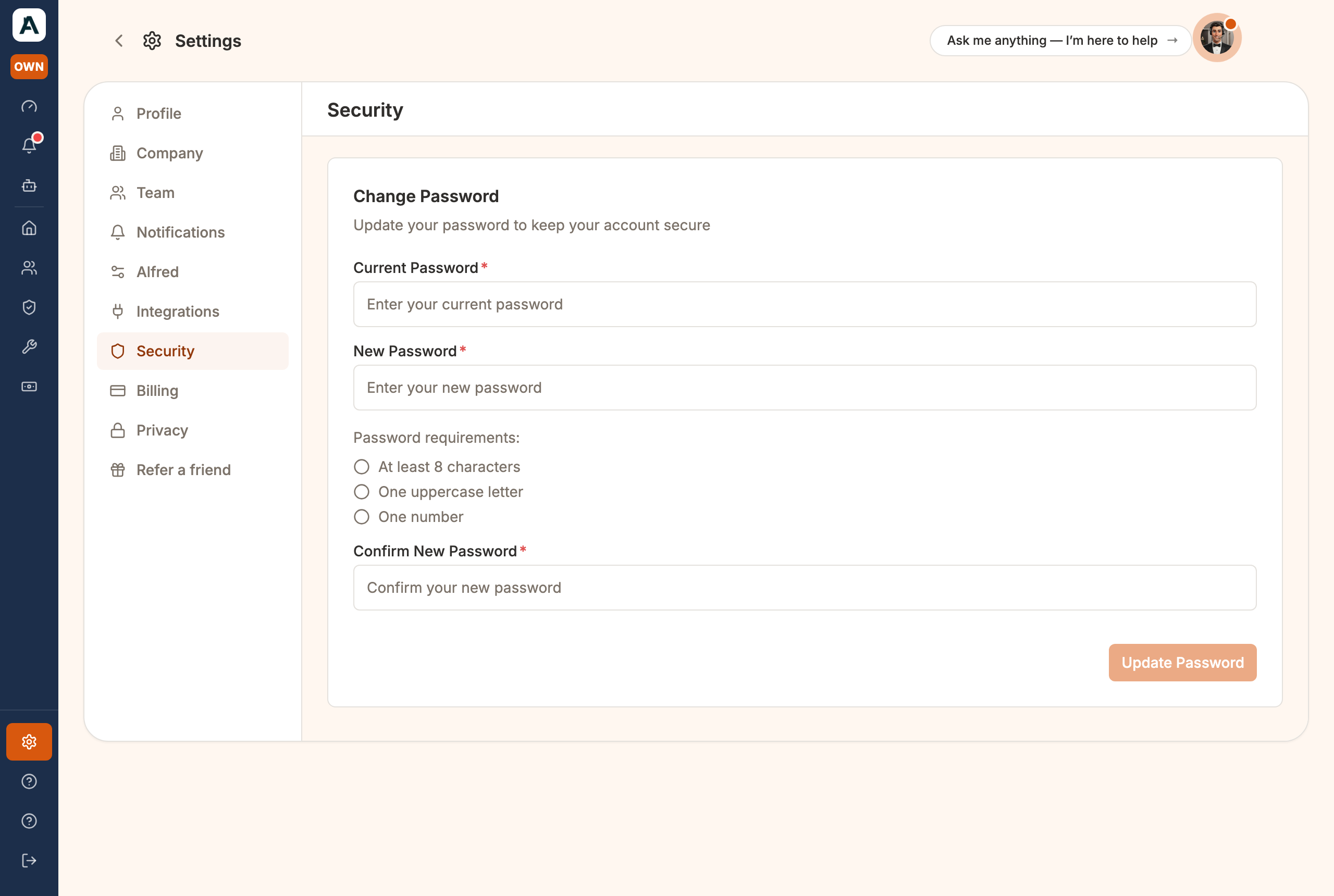 The Security tab: change your password