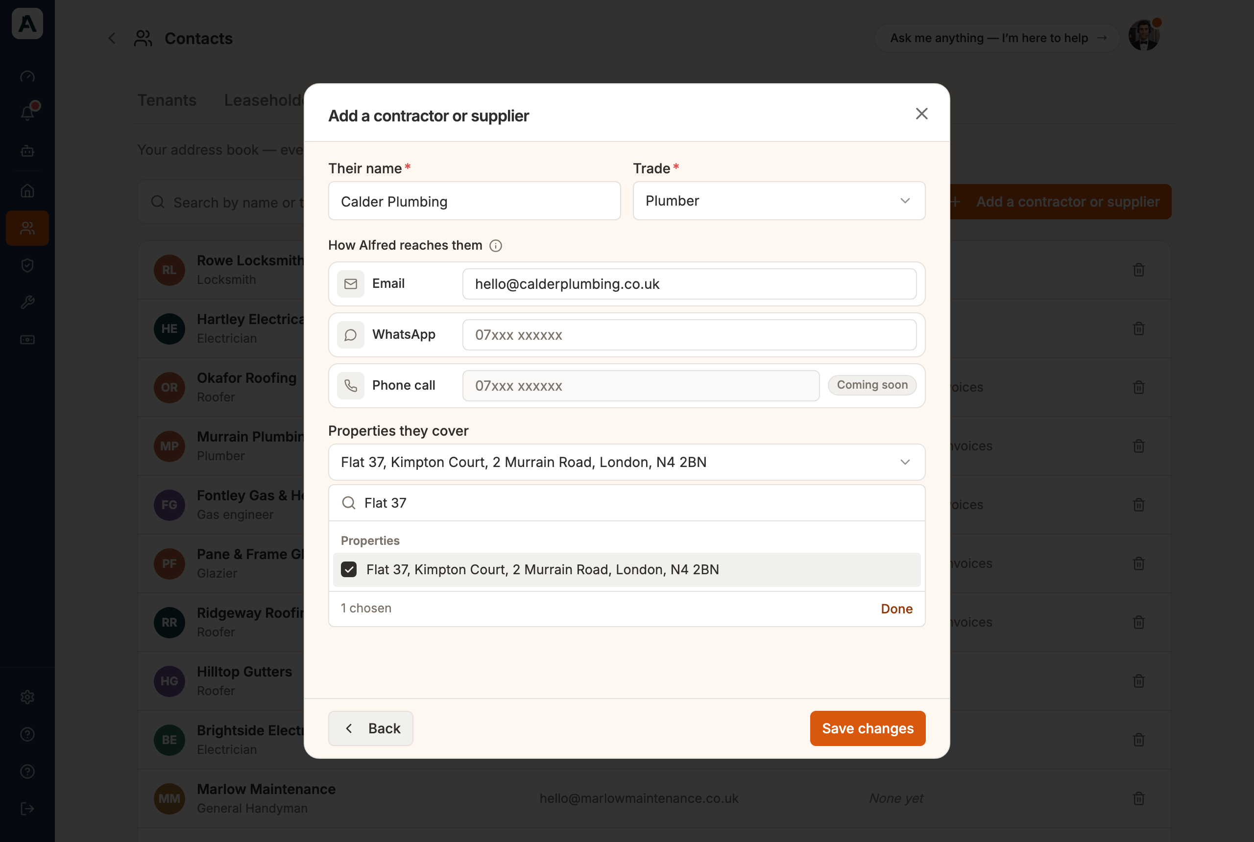 The Add a contractor or supplier window with a name, the trade Electrician and an email address typed in