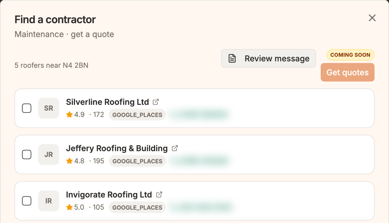 The Find a contractor results: five gas engineers near the property with ratings, review counts and phone numbers